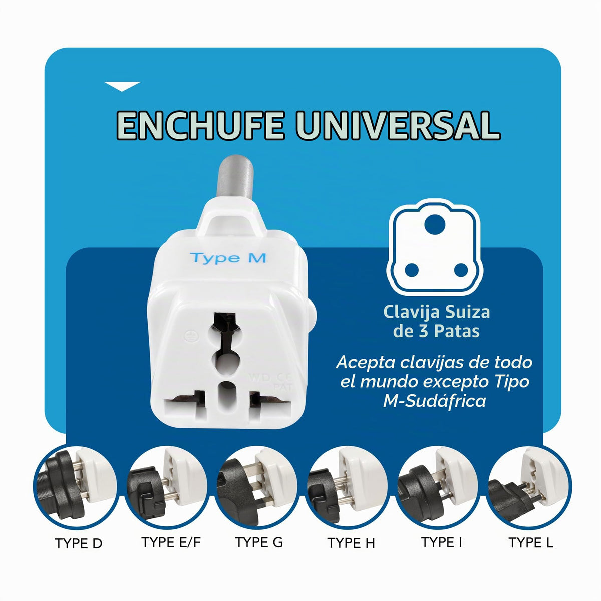 Adaptador de Enchufe Ceptics Sudáfrica Tipo M Paquete de 3 Conectado a Tierra Universal