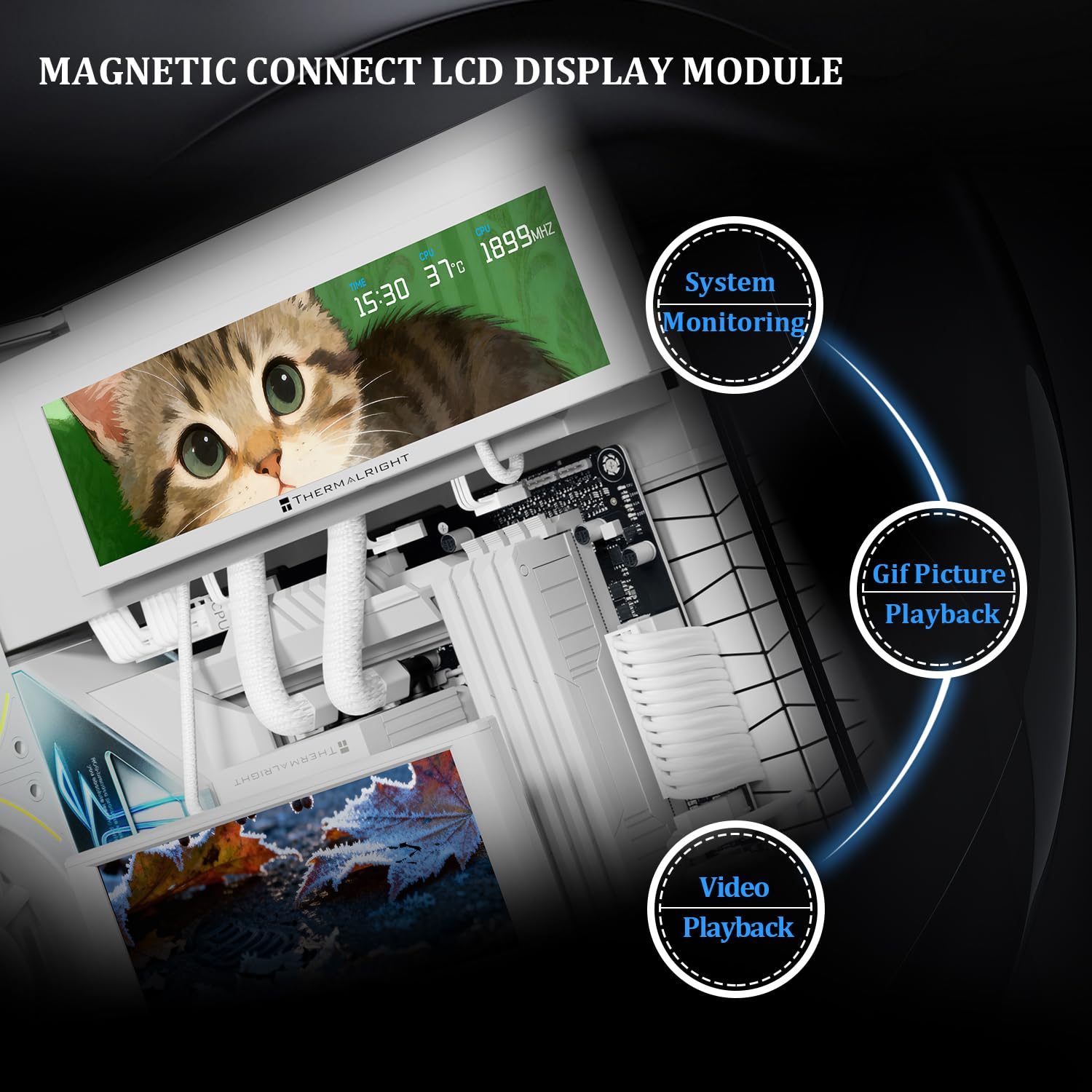 Thermalright TV 9.16 visualización LCD blanca – Succión magnética, panel IPS de 9.16 pulgadas, resolución de 1280 x 480 para conmutación de imagen estática/dinámica, se puede emparejar con un