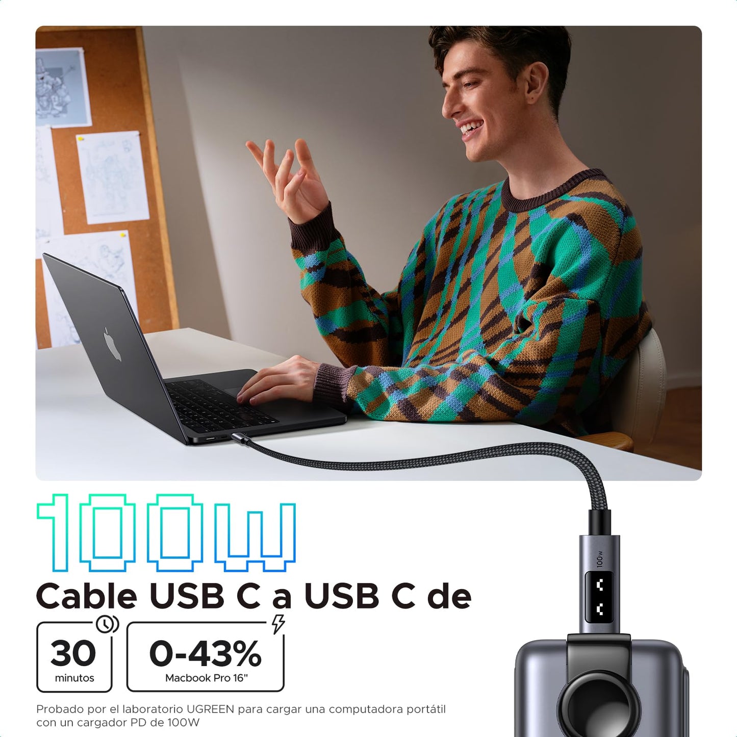 Cable USB C UGREEN 100W Negro Carga Rápida PPS para MacBook Pro, iPad, Galaxy, Pixel de 3M