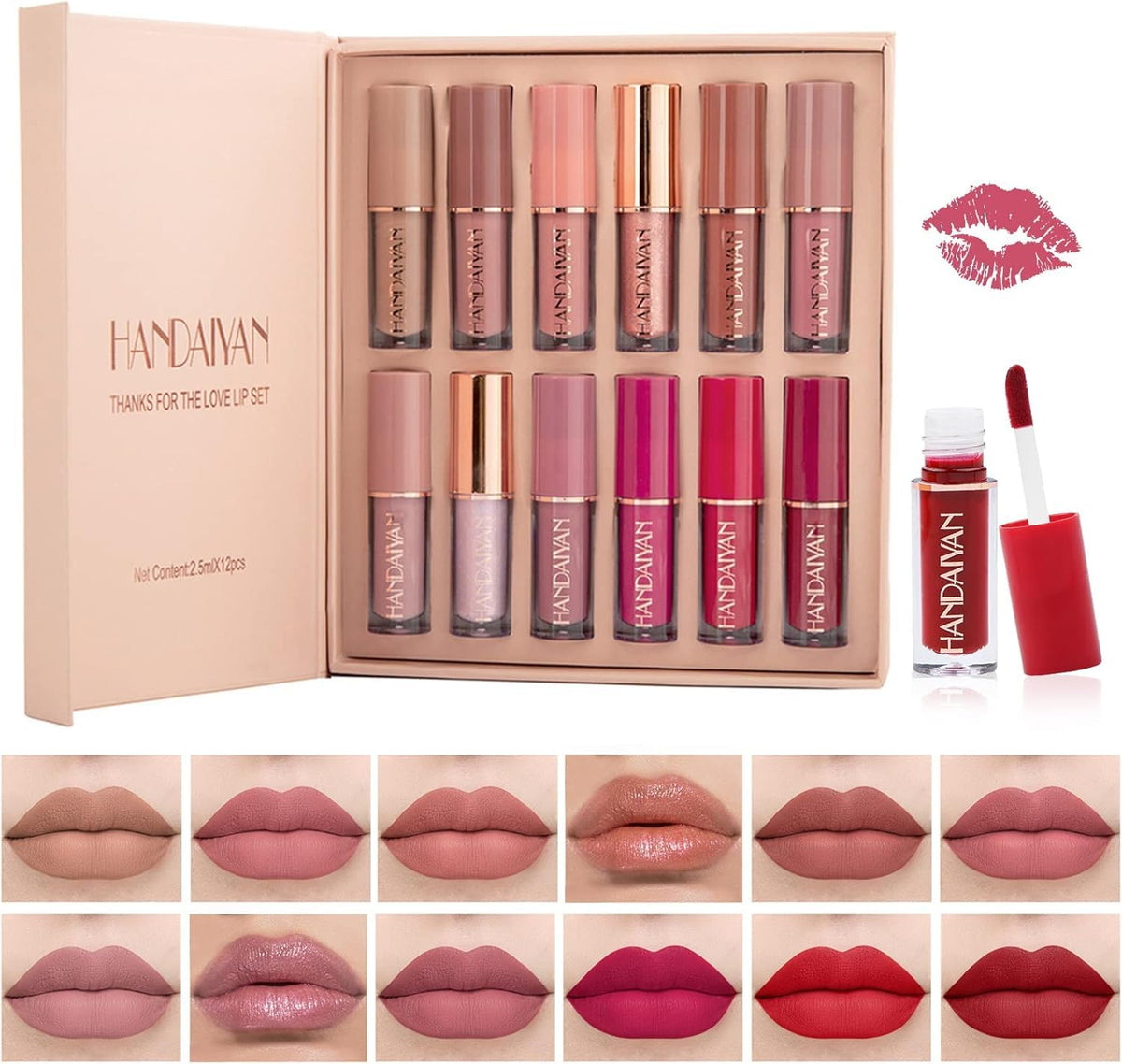 12Pcs Lápiz Labial Líquido con 2 Glitter Labial Set de Maquillaje