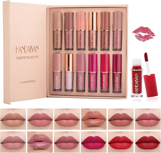 12Pcs Lápiz Labial Líquido con 2 Glitter Labial Set de Maquillaje