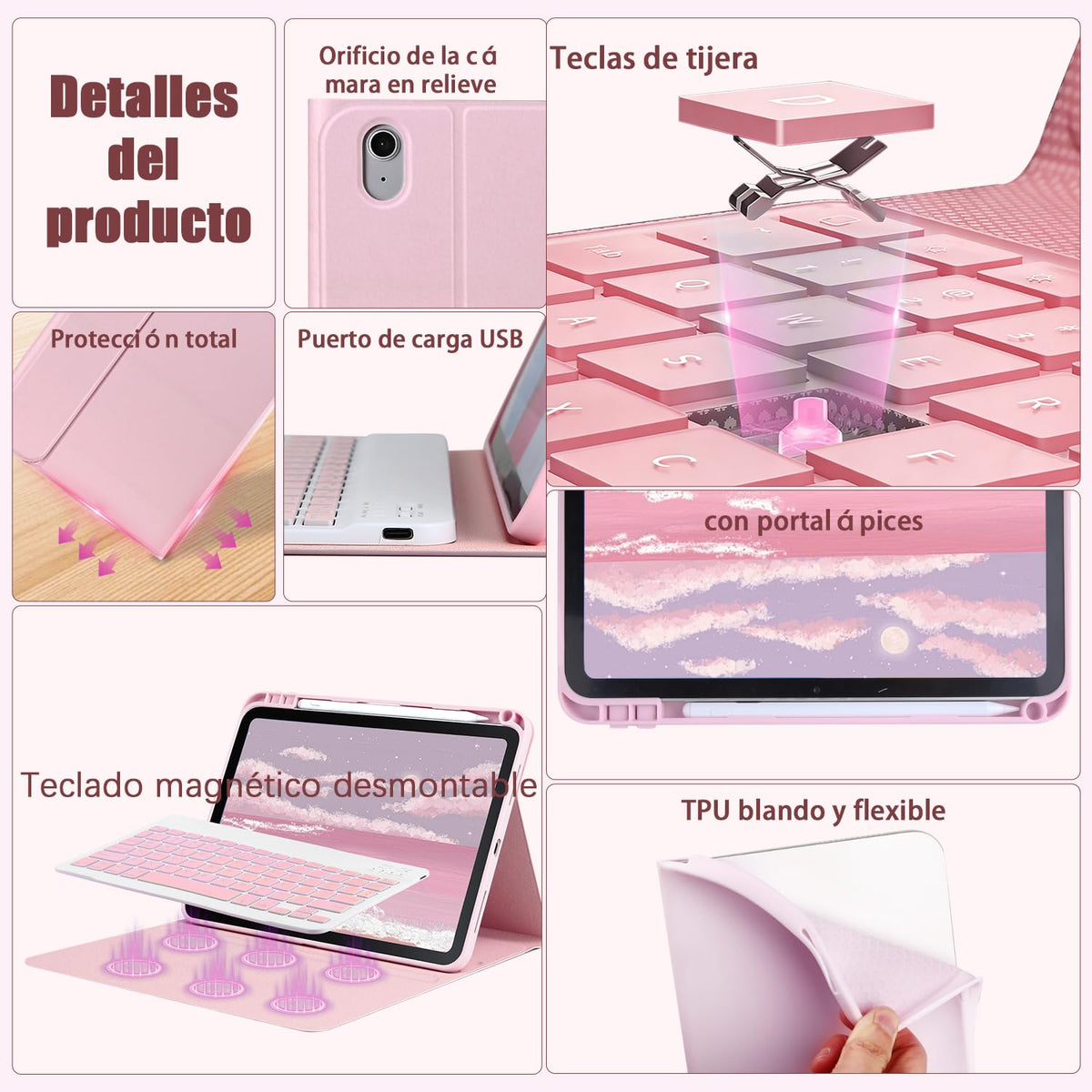 Funda Teclado iPad 10 y 11 Generación LUIOOXEIM Rosa Retroiluminación 7 Colores y Ratón para Mujer