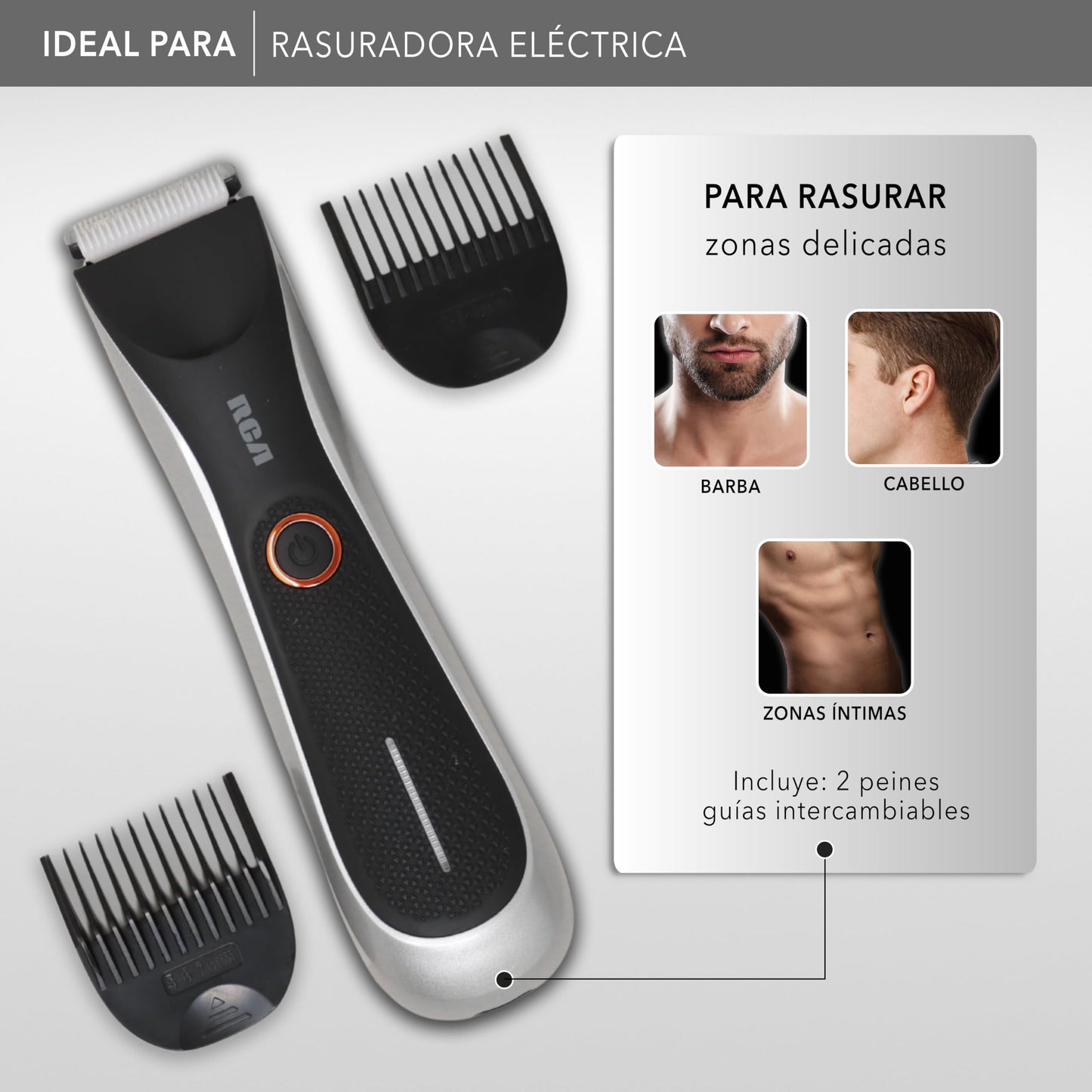 RCA Rasuradora Eléctrica RC-TR1 con Cuchillas de Cerámica, Afeitado Suave y Preciso para Barba, Cabello y Cuerpo, Resistente al Agua, Luz LED, 2 Velocidades, Peines 2–7 mm, Carga USB