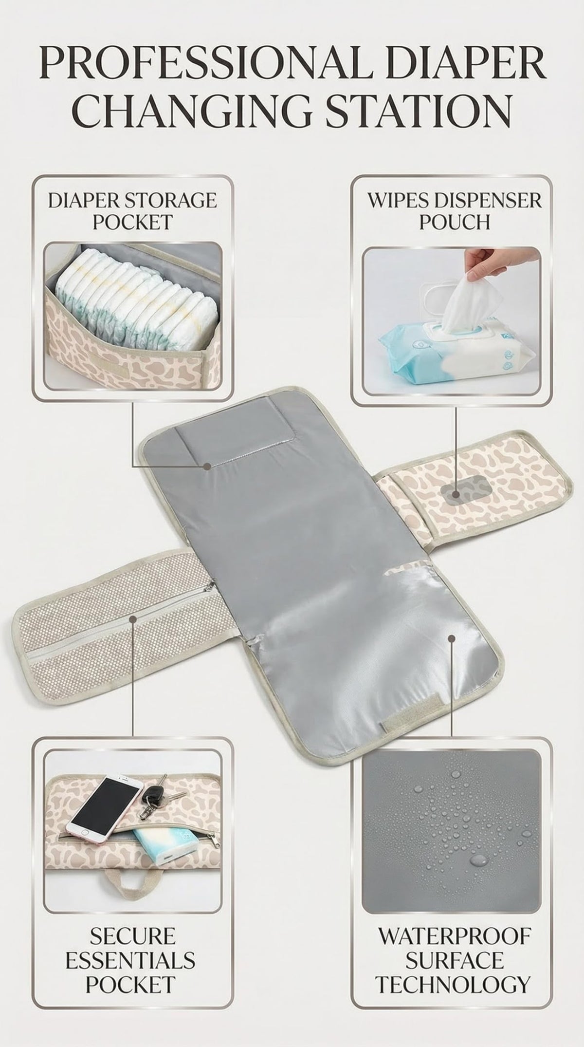 Cambiador y almacenamiento de pañales, fácil de usar, diseño elegante e impermeable, cabe en paquetes de espalda, carriola, etc. fácilmente - Esenciales portátiles para el cuidado del bebé recién