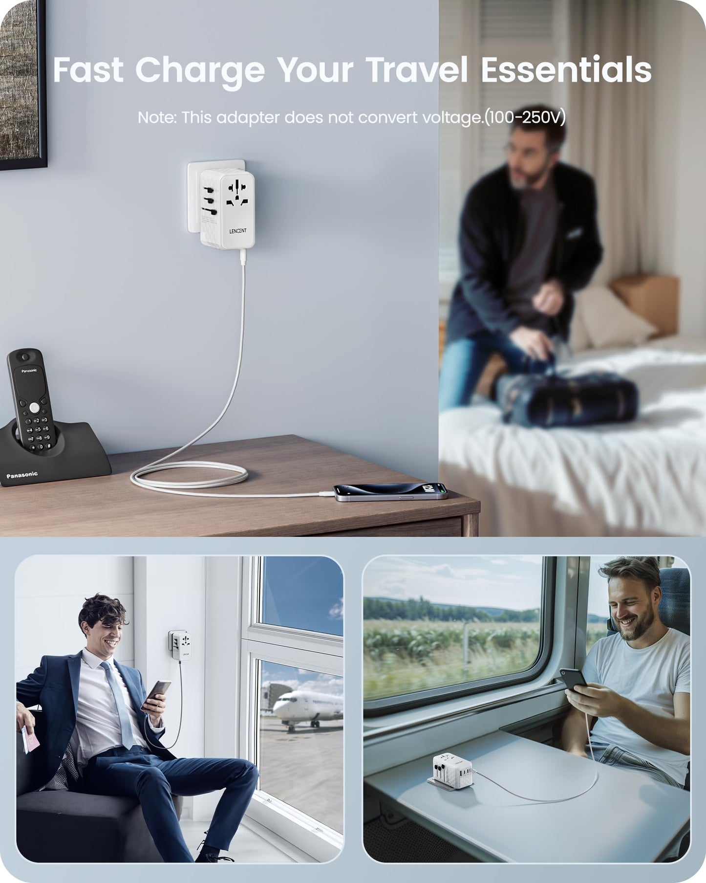 LENCENT Adaptador Universal de Viaje, 120W Internacional con 1 USB y 3 USB-C PD Carga Rápida, Cargador Europeo con Enchufe Tipo A/C/G/I para USA/UE/Reino Unido/Australia, Blanco