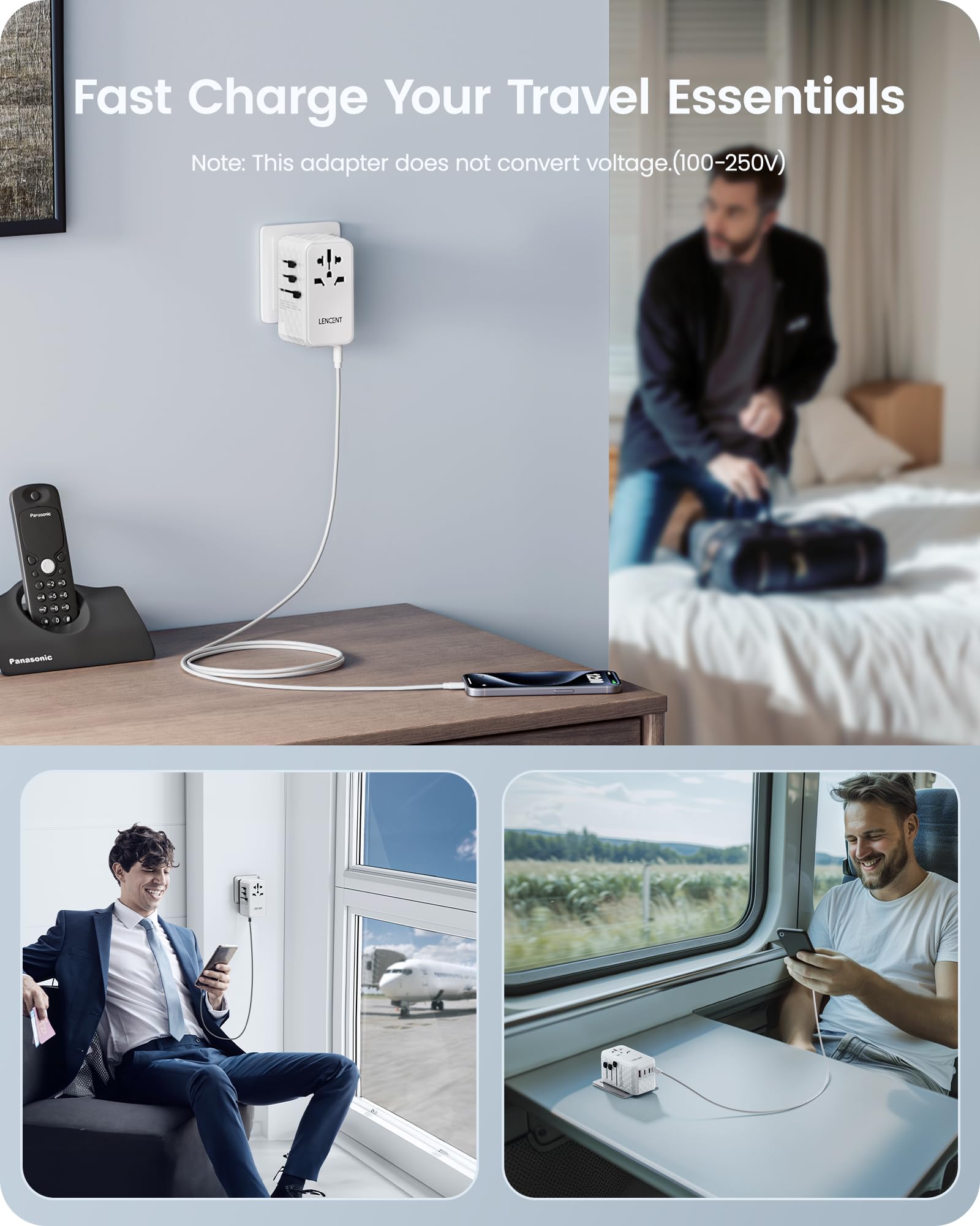 LENCENT Adaptador Universal de Viaje, 120W Internacional con 1 USB y 3 USB-C PD Carga Rápida, Cargador Europeo con Enchufe Tipo A/C/G/I para USA/UE/Reino Unido/Australia, Blanco