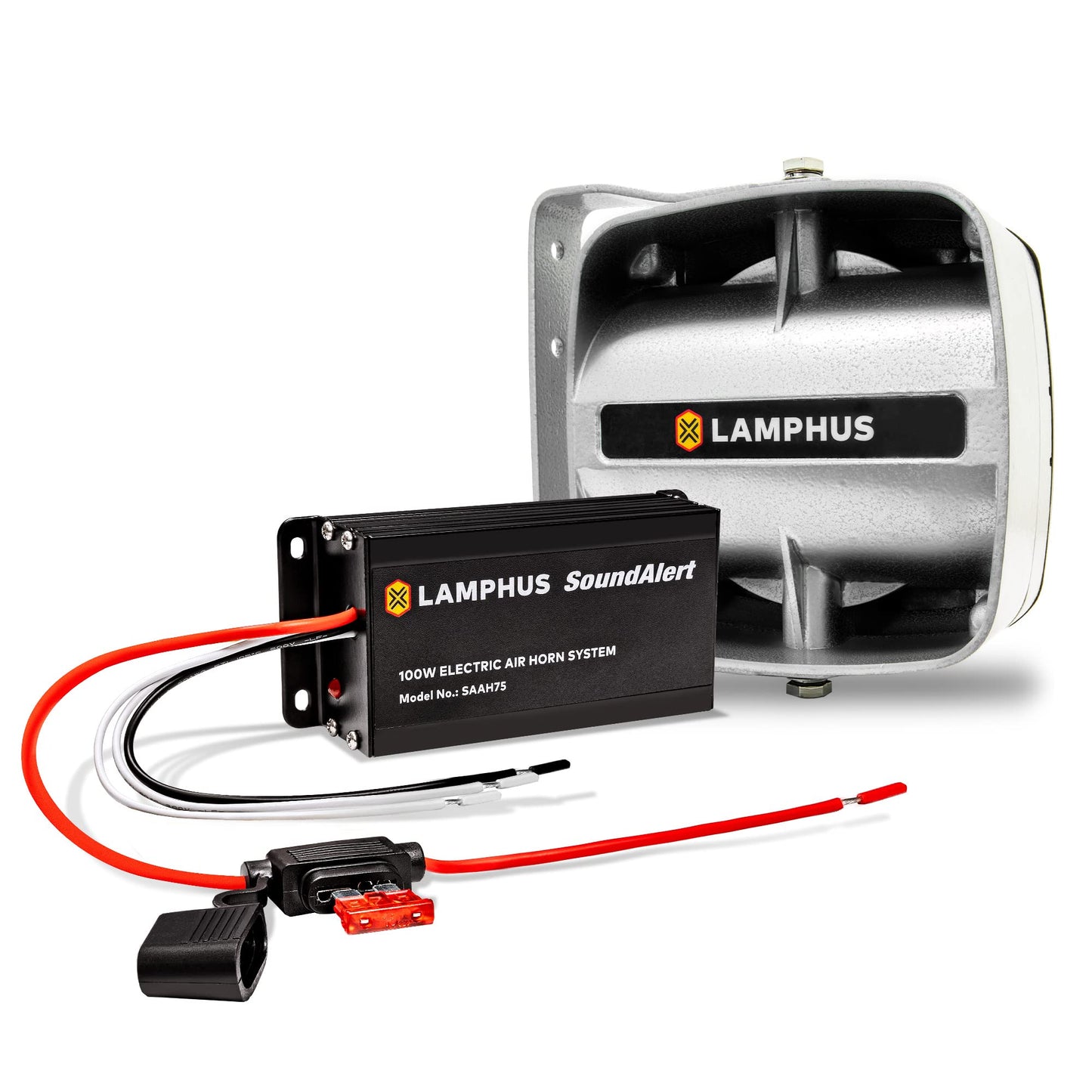 LAMPHUS SoundAlert - Kit de amplificador de bocina de aire de policía de 100 W [altavoz compacto de 120 a 130 dB] [control manual o bybas] [fusible de 10 A protegido] Bocina de aire electrónica para