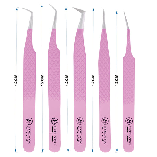 Pinzas de extensión de pestañas postizas con pestañas, kit de pinzas profesionales clásicas y de volumen, 5 piezas, color rosa