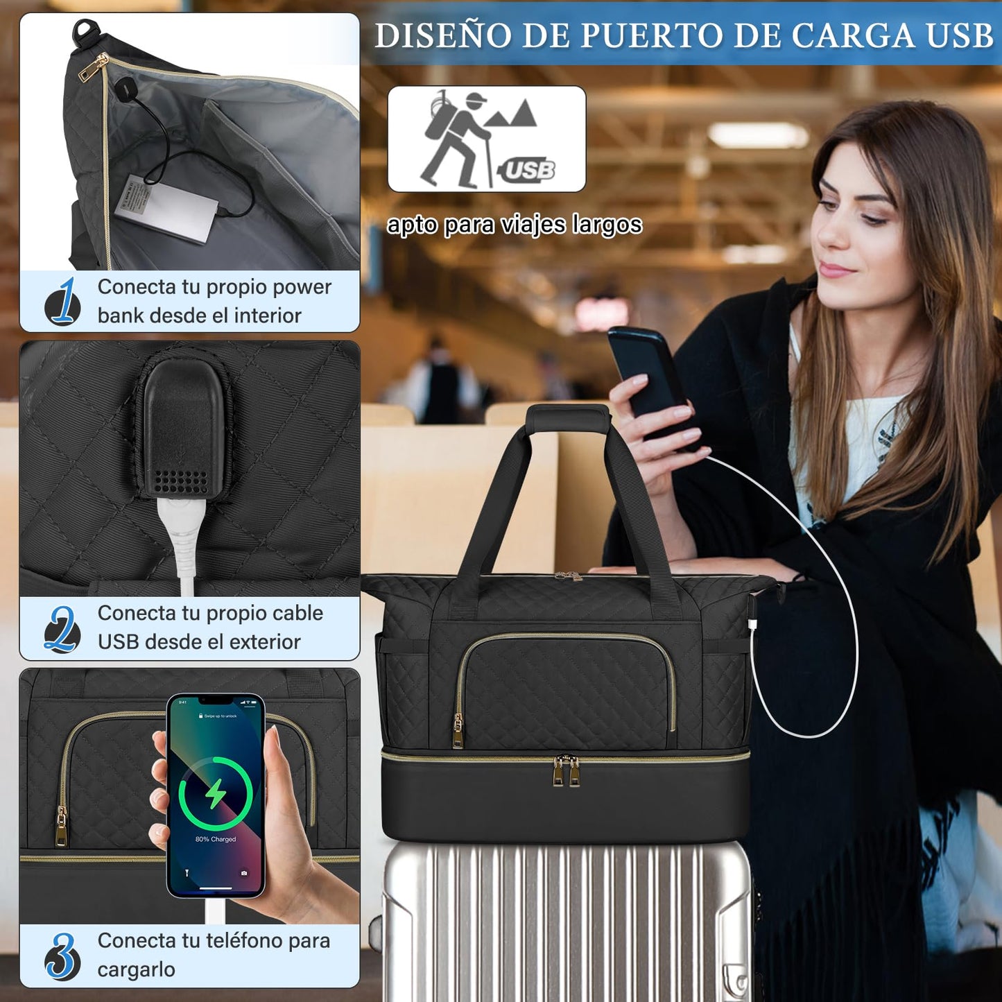 Bolsa de Viaje SDYSM Negro con Puerto USB y Compartimento para Zapatos para Hombre y Mujer