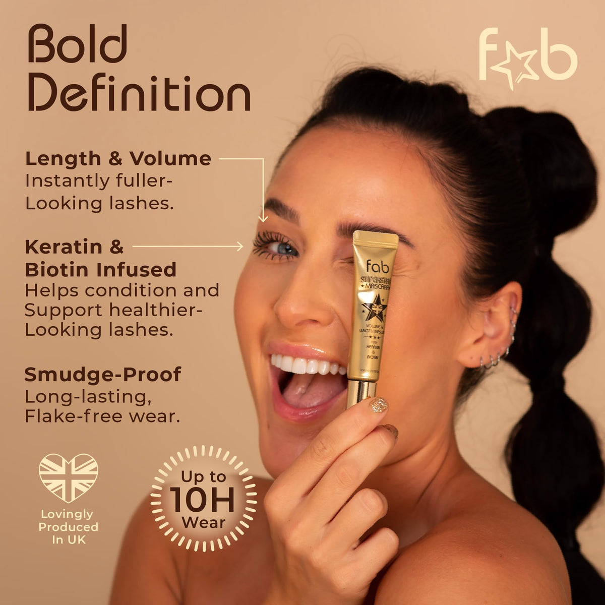 Fab Brows- Fab Superstar Mascara: Máscara de Pestañas Voluminizadora Resistente al Agua y con Efecto Lifting: Máscara de Pestañas Líquida Negra