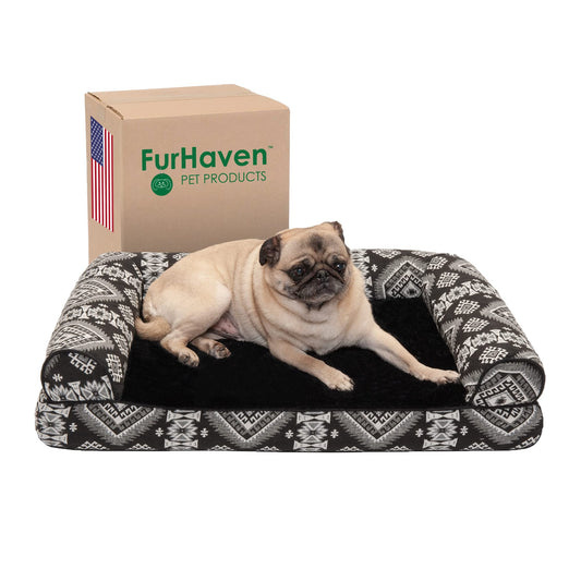 Furhaven Medium Orthopedic Dog Bed Plush & Southwest Kilim Decor Sofa-Style w/Removable Washable Cover - Black Medallion, Medium