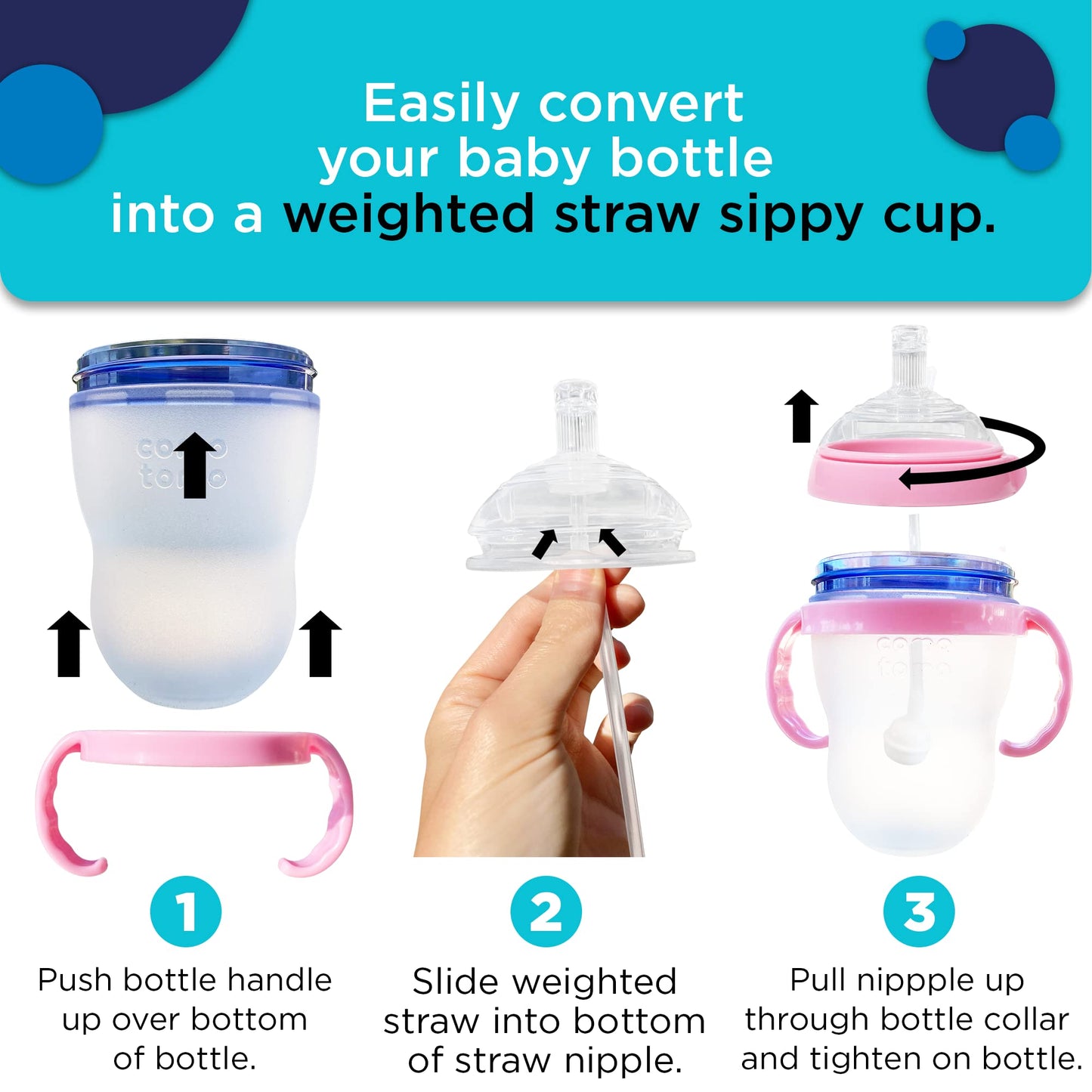 Botabee Kit De Transición De Vaso Con Pajita Para Biberones Comotomo | Kit De Conversión Compatible Con Biberones De 140 Y 227 Ml | Tetina De Silicona Suave Con Tapa De Pajita Y Pajita Con Peso Para A