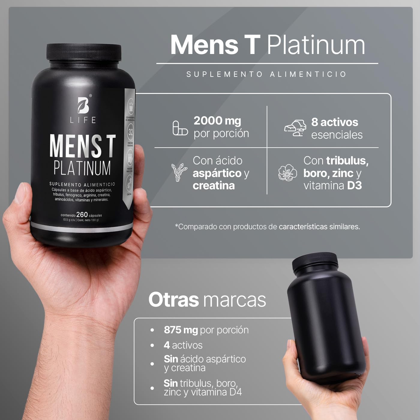 B Life | Fórmula Avanzada Platinum para Hombre | 260 Cápsulas 4000 mg por porción. Fenogreco, Creatina, Aminoácidos, Vitaminas y Minerales. Ingredientes naturales. Mens T Platinum.