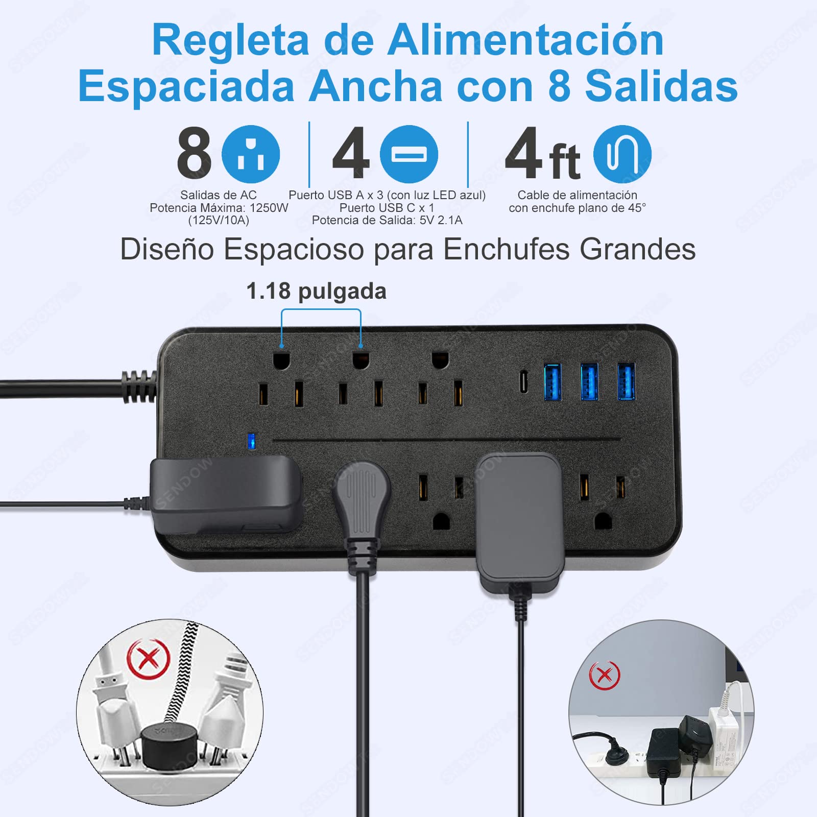 Sendowtek Multicontacto USB Regleta de Alimentación Regleta Enchufes USB con Cable de Extensión de 4Ft/1.2M Conector Multiple con 8 Tomas, 3 Puertos USB A y 1 Puerto Tipo-C, para Hogar y Oficina