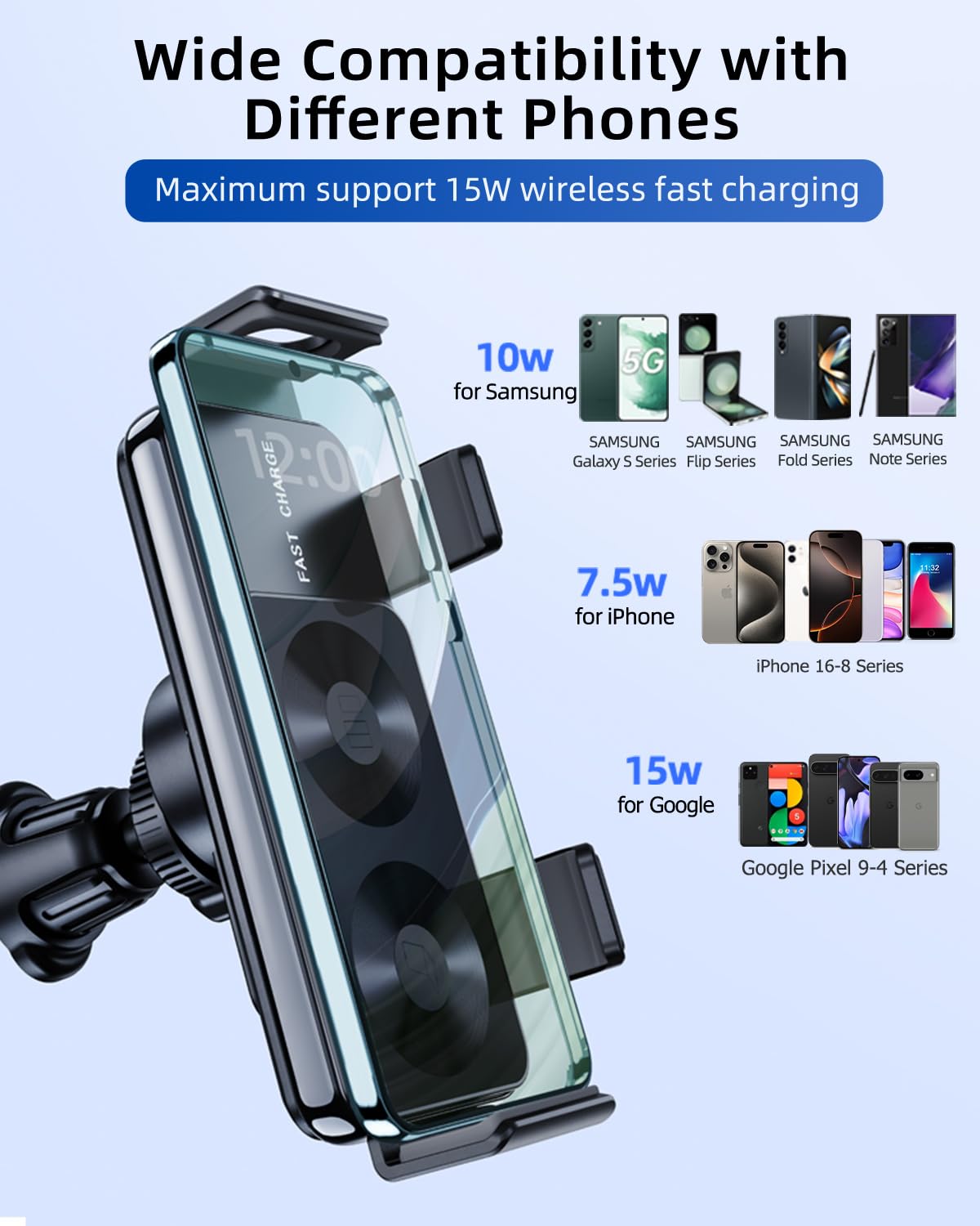DICMKY - Cargador inalámbrico de coche para Samsung Galaxy Z Fold 7, 6, 5, 4, 3, 2, doble bobina, soporte de teléfono de carga rápida para Pixel 9 Pro, soporte de teléfono celular de ventilación de