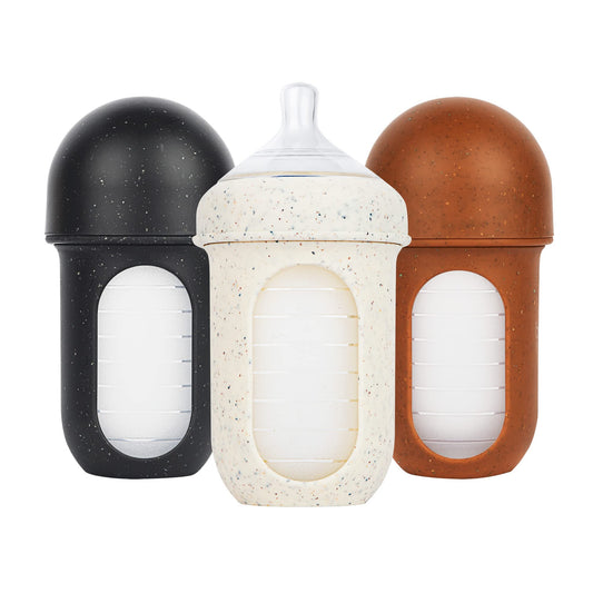 Boon Nursh - Biberones de silicona reutilizables con diseño de bolsa de silicona plegable, esenciales para el bebé, etapa 2, biberones de flujo medio, moteados, 8 onzas, 3 unidades