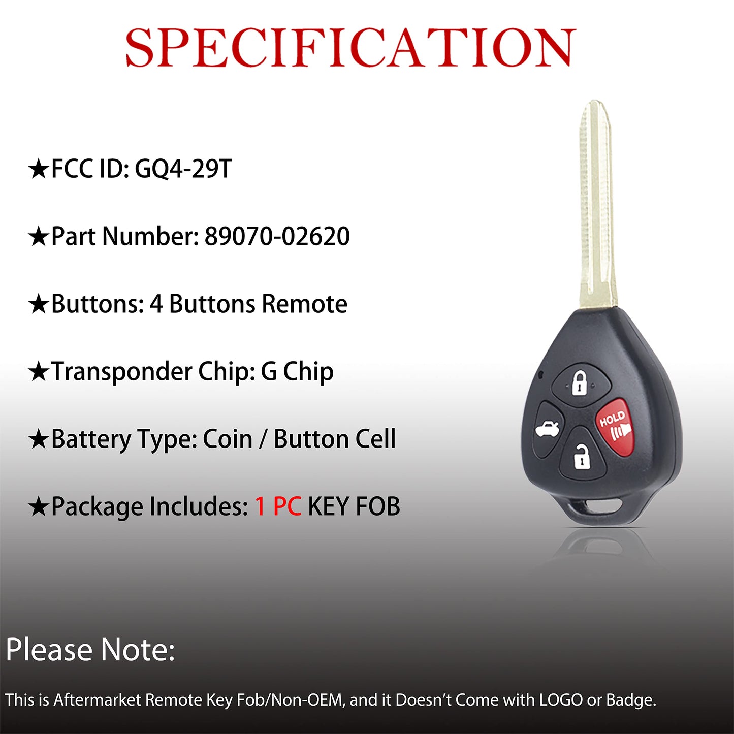 MechanMagic Llave de repuesto para Toyota 2009 2010 2011 2012 2013 2014 2015 2016 Venza/2010-2013 Corolla Control remoto de entrada sin llave GQ4-29T G CHIP 89070-02620