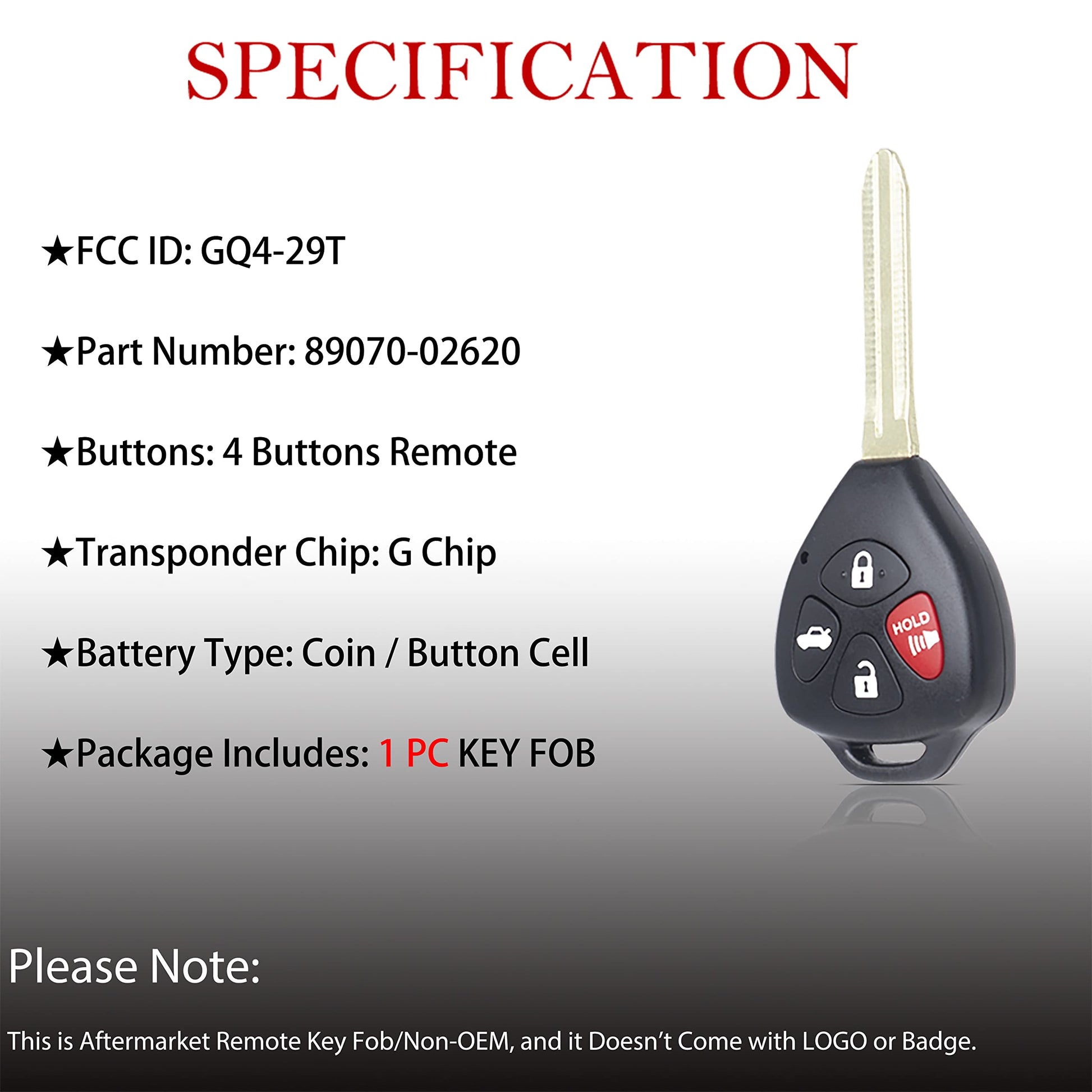 MechanMagic Llave de repuesto para Toyota 2009 2010 2011 2012 2013 2014 2015 2016 Venza/2010-2013 Corolla Control remoto de entrada sin llave GQ4-29T G CHIP 89070-02620