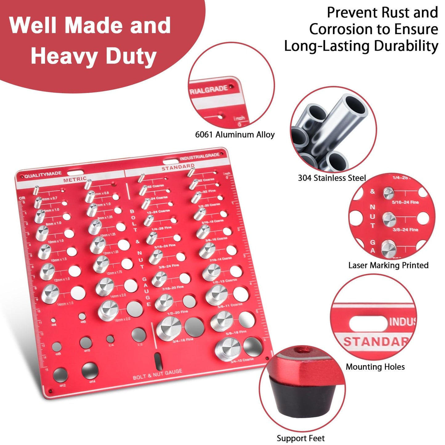 Fokzucyo - Comprobador de rosca, 42 tuercas y pernos, Identibolt Pro 19 estándar y 15 pernos métricos y calibre de 8 brocas, medidor de identificador de tornillo y tuerca de montaje en pared con regla