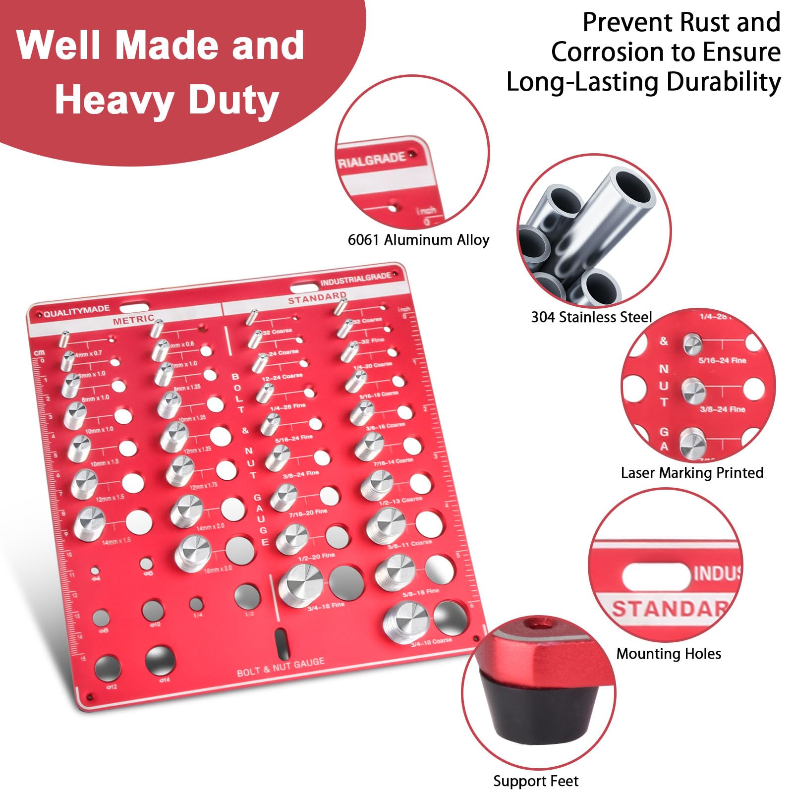 Fokzucyo - Comprobador de rosca, 42 tuercas y pernos, Identibolt Pro 19 estándar y 15 pernos métricos y calibre de 8 brocas, medidor de identificador de tornillo y tuerca de montaje en pared con regla