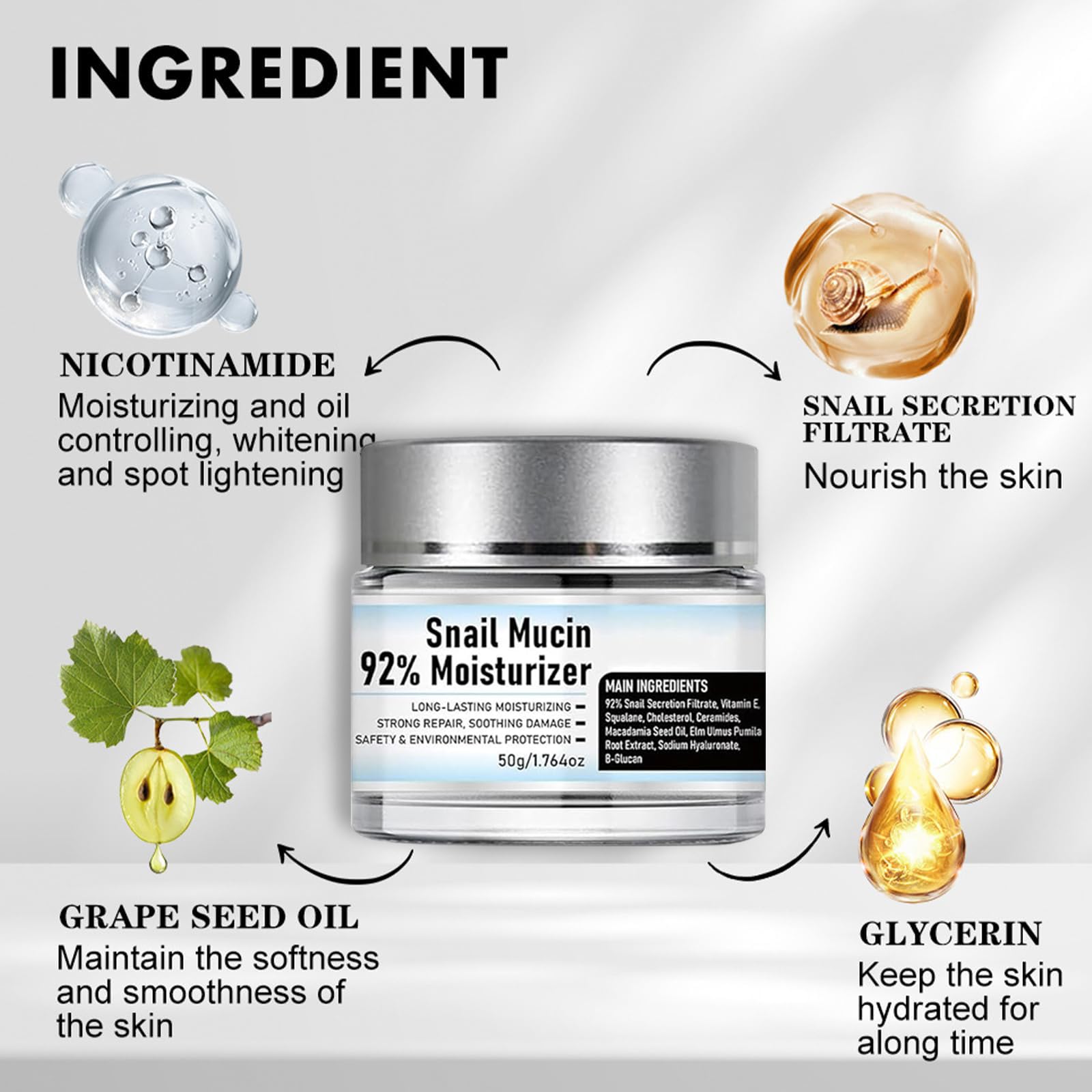 Fuxvao Crema de Baba de Caracol Original, Suero facial con vitamina C, Crema hidratante diaria en gel con mucina de caracol al 92%, Suero de mucina de caracol, Crema de Caracol, Crema nutritiva de