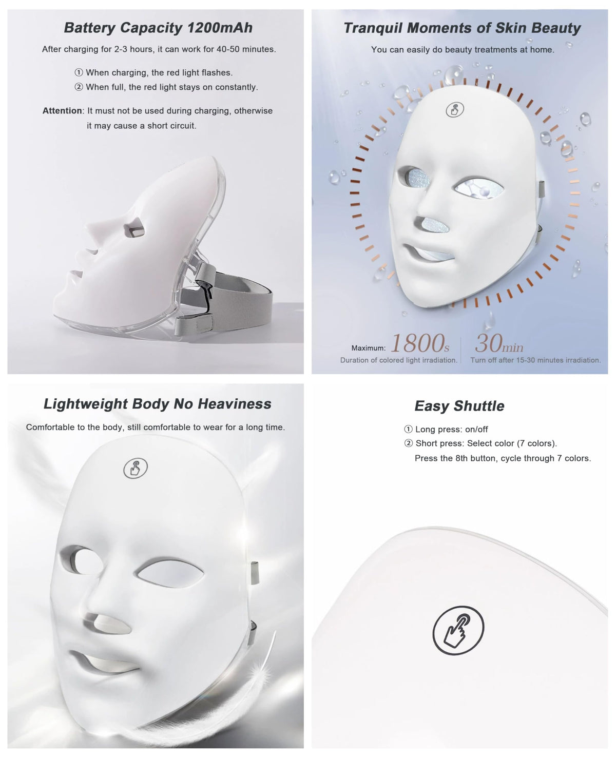 Jooley - Máscara facial LED para terapia de luz, 7 colores LED, portátil y recargable, 1 unidad, rojo y blanco