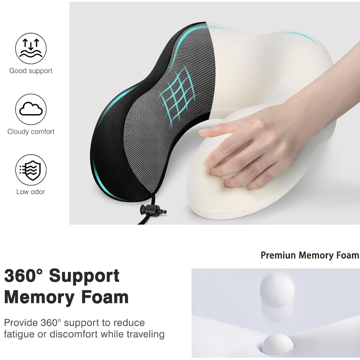 CISSSEE Almohada de Viaje,Almohada de Cuello Viscoelástica de Espuma de Memoria con Máscara de Ojos,Tapones para los oídos y Bolsa con Cordón, Soporte de Cuello para Avión, Oficina y el Hogar (Negro)