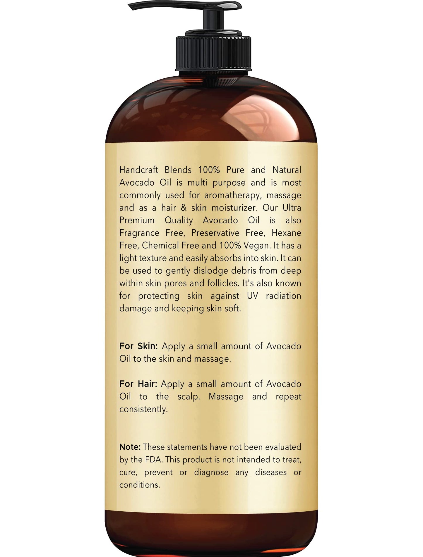 Handcraft Blends Aceite de aguacate artesanal 16 onzas líquidas, 100% puro y natural, aceite para el cabello, aceite portador para aromaterapia, aceite de masaje, hidratante corporal y piel y lubricante, prensado en frío, sin hexano, botella puede variar
