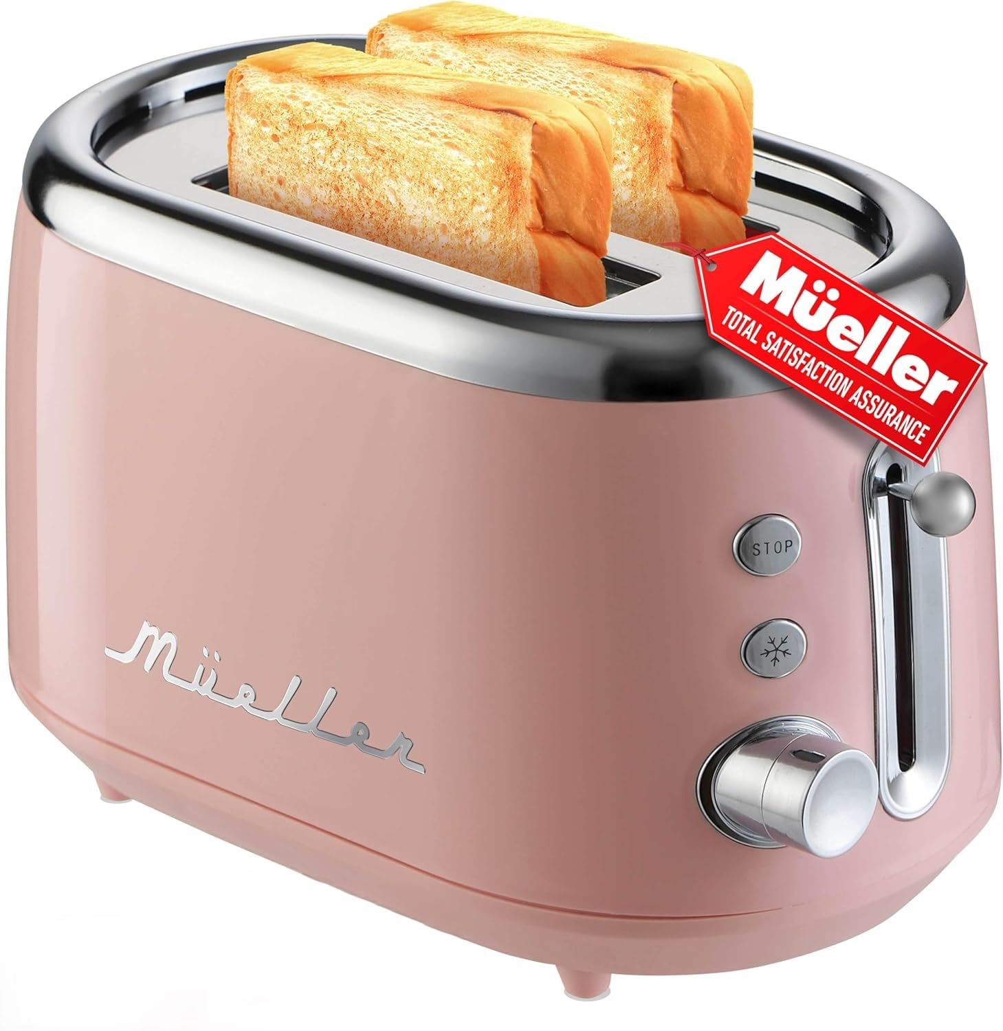 Mueller-Tostador retro para 2 rebanadas, 7 niveles de tostado, 3 funciones, calentar/descongelar/cancelar, acero inoxidable, charola de residuos extraíble, compartimento para cable bajo la base, rosa