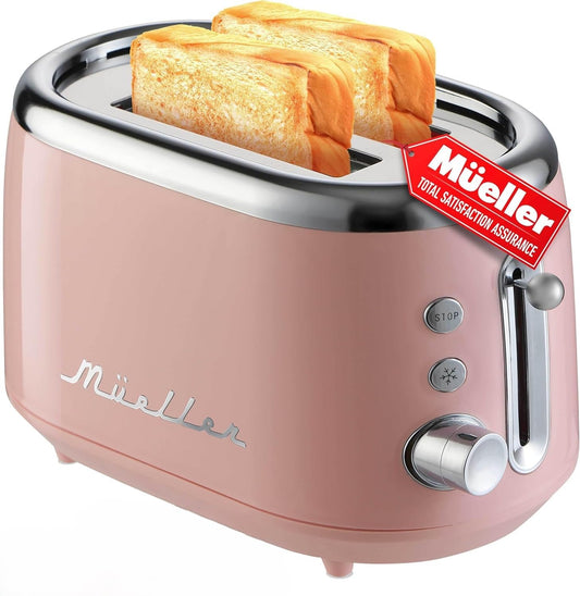 Mueller-Tostador retro para 2 rebanadas, 7 niveles de tostado, 3 funciones, calentar/descongelar/cancelar, acero inoxidable, charola de residuos extraíble, compartimento para cable bajo la base, rosa