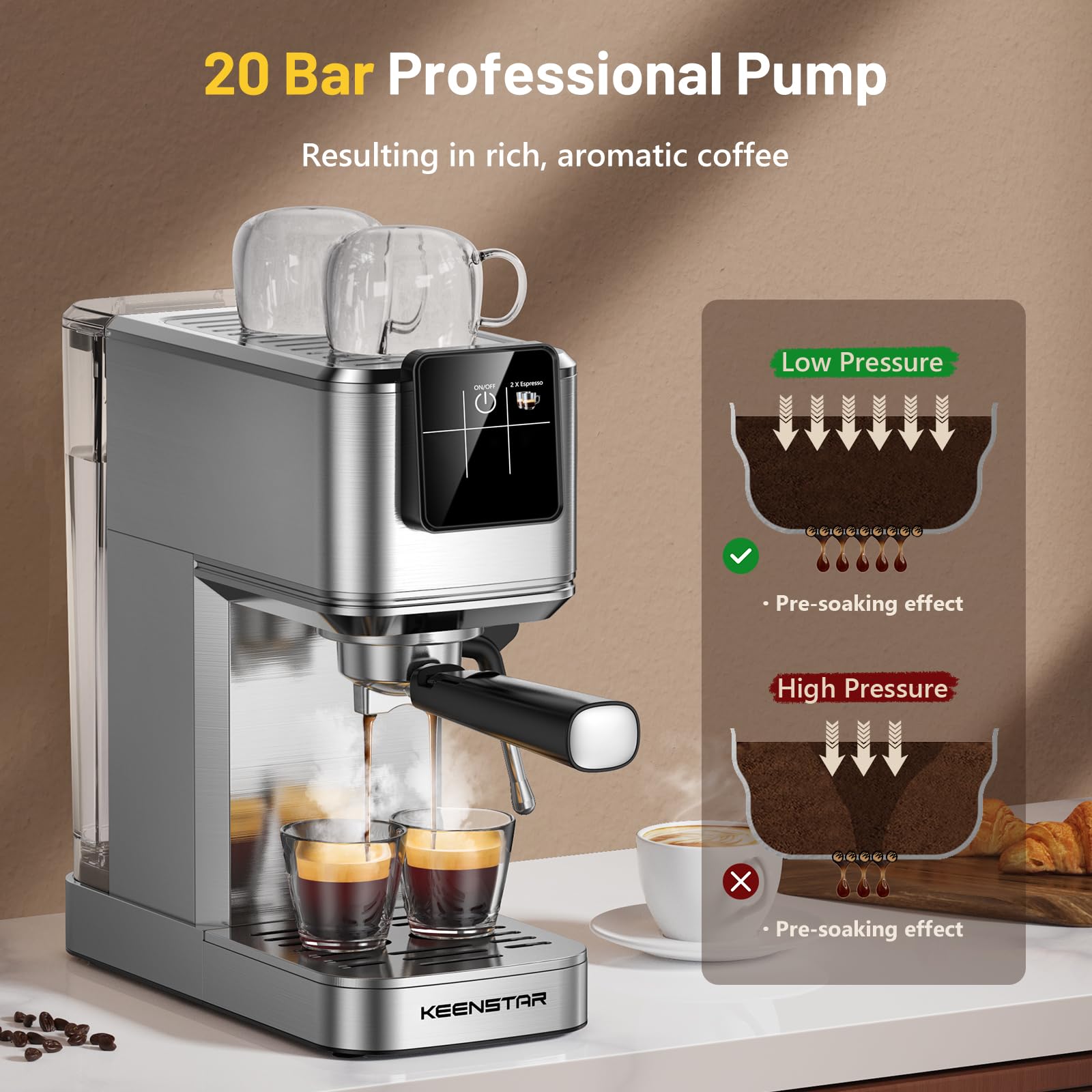 KEENSTAR Máquina de Café Espresso de 20 Barras, Caliente y Helado Con Cerveza Rápida en Frío, Varita de Vapor, Visualización Táctil y Tanque de Agua de 30 Onzas