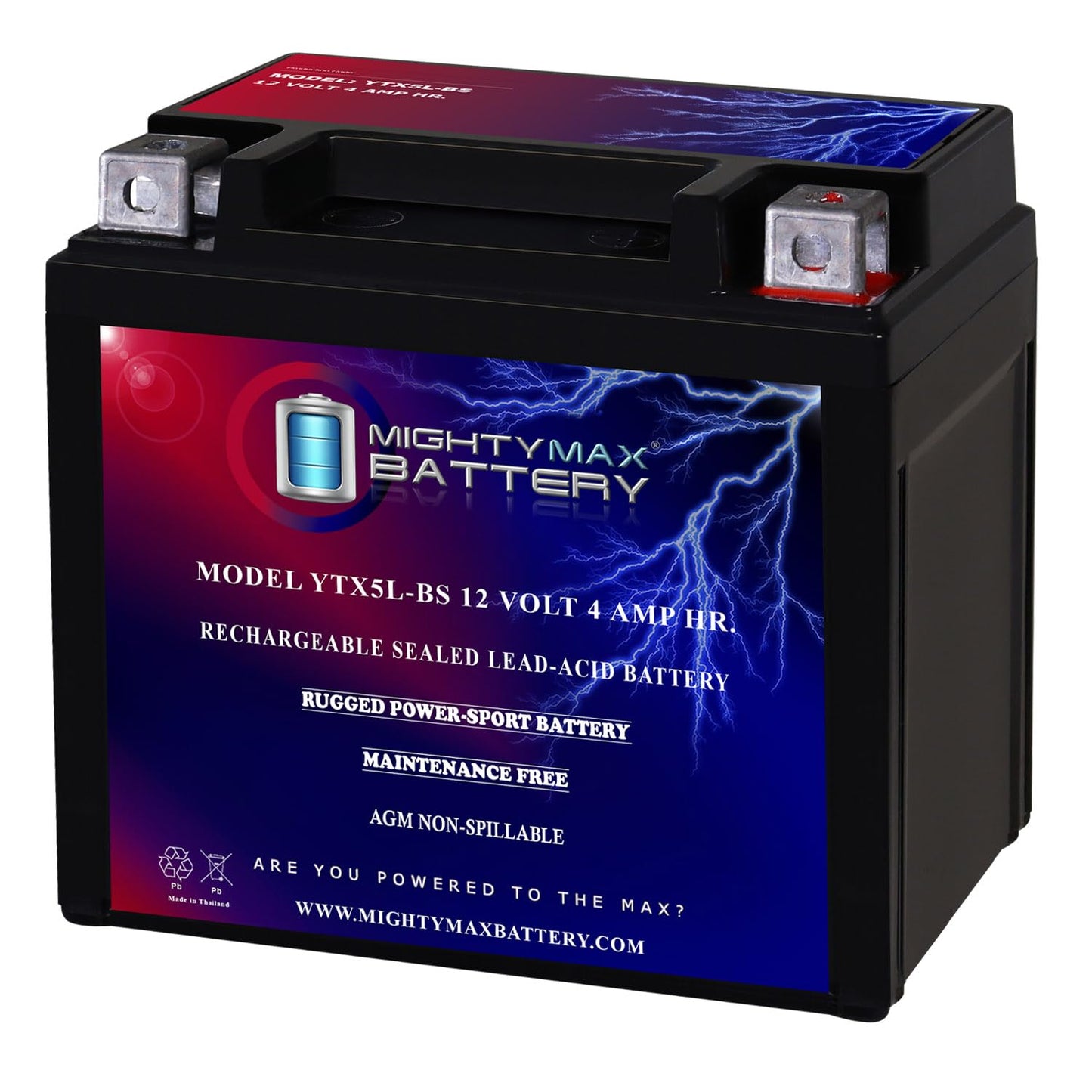 Batería de Repuesto Mighty Max Battery YTX5L-BS Negra para Motocicleta 12 V 4 Ah 55 CCA