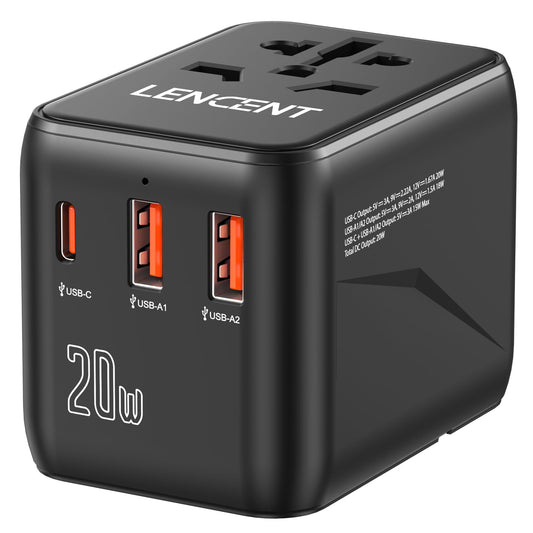 LENCENT Adaptador de Viaje Universal, Cargador Internacional PD20W con 2 Puertos USB y Carga Rápida Tipo C, Cargador de Pared Mundial para iPhone, Samsung, Laptop, Enchufe USA/UK/UE/AUS, Negro