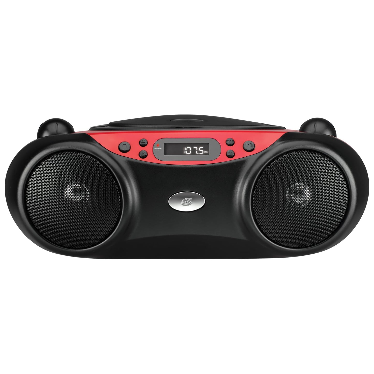 GPX, Inc. Portacasetera para CD de carga superior con radio AM/FM y entrada de línea de 3.5 mm para dispositivo MP3, rojo/negro