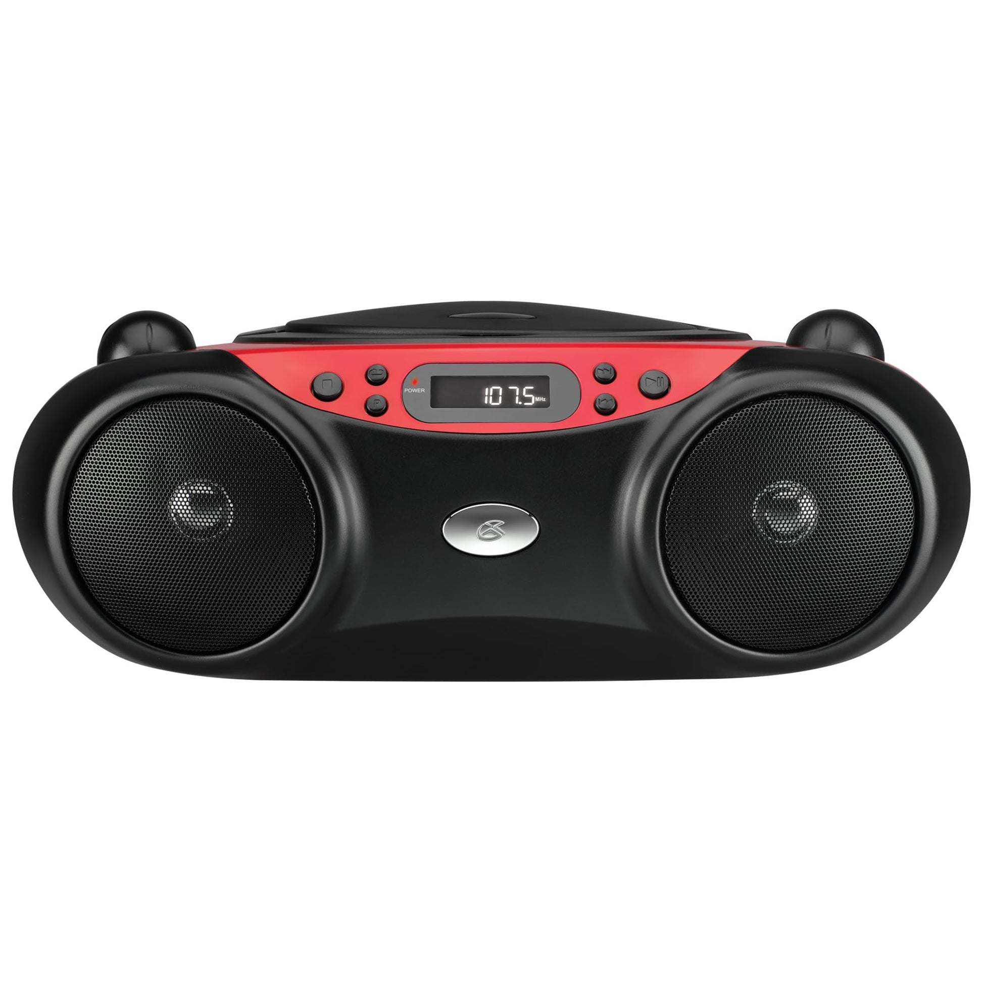 GPX, Inc. Portacasetera para CD de carga superior con radio AM/FM y entrada de línea de 3.5 mm para dispositivo MP3, rojo/negro