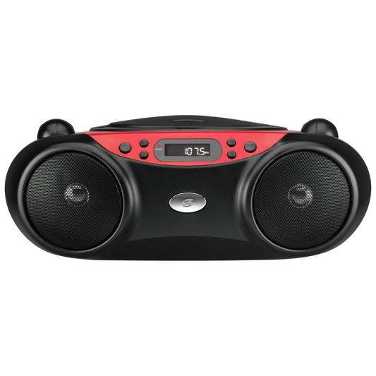 GPX, Inc. Portacasetera para CD de carga superior con radio AM/FM y entrada de línea de 3.5 mm para dispositivo MP3, rojo/negro