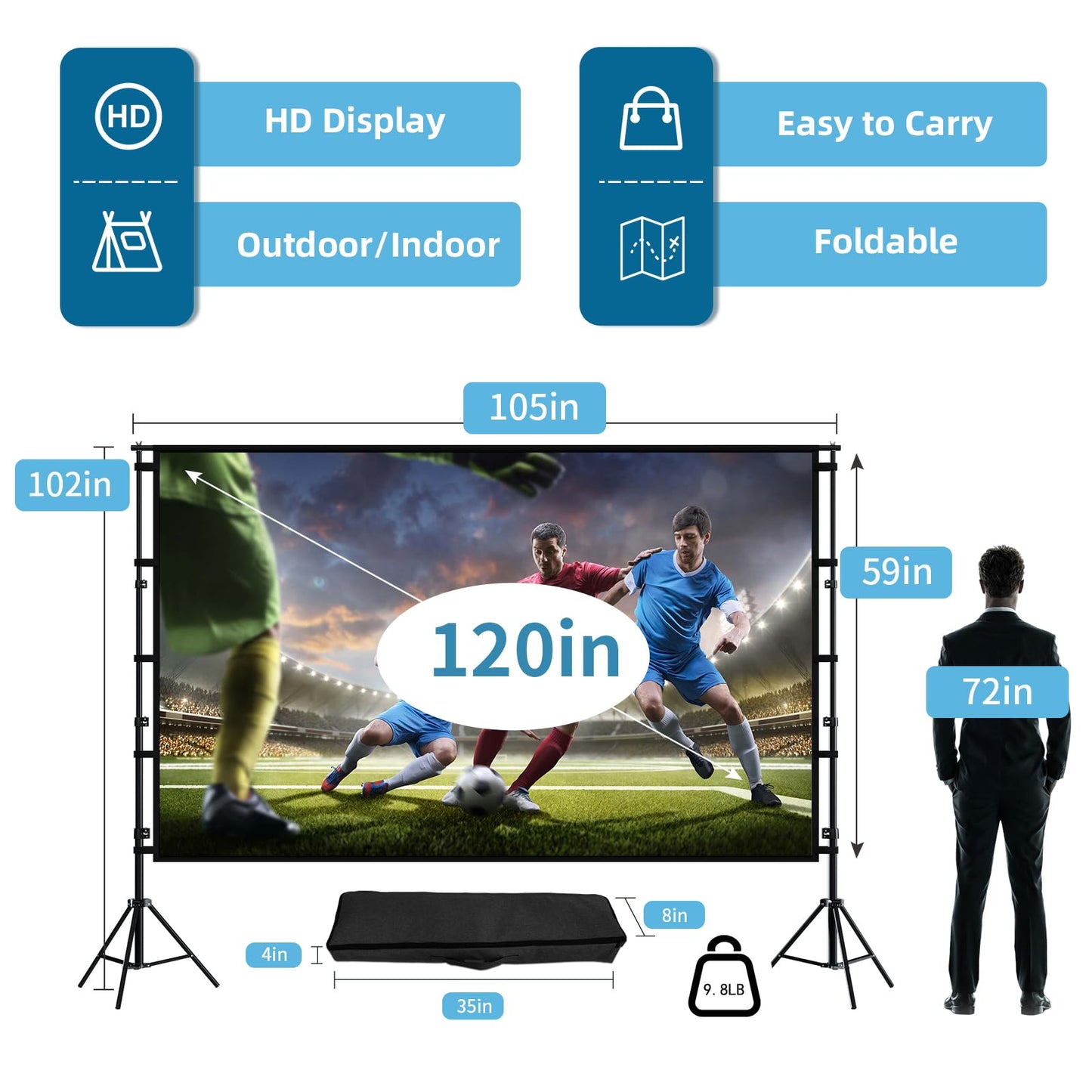 TOWOND - Pantalla de proyección y soporte, pantalla de proyección de 120 pulgadas para exteriores, pantalla de película portátil 16:9 4K HD delantera trasera con diseño sin arrugas y bolsa de