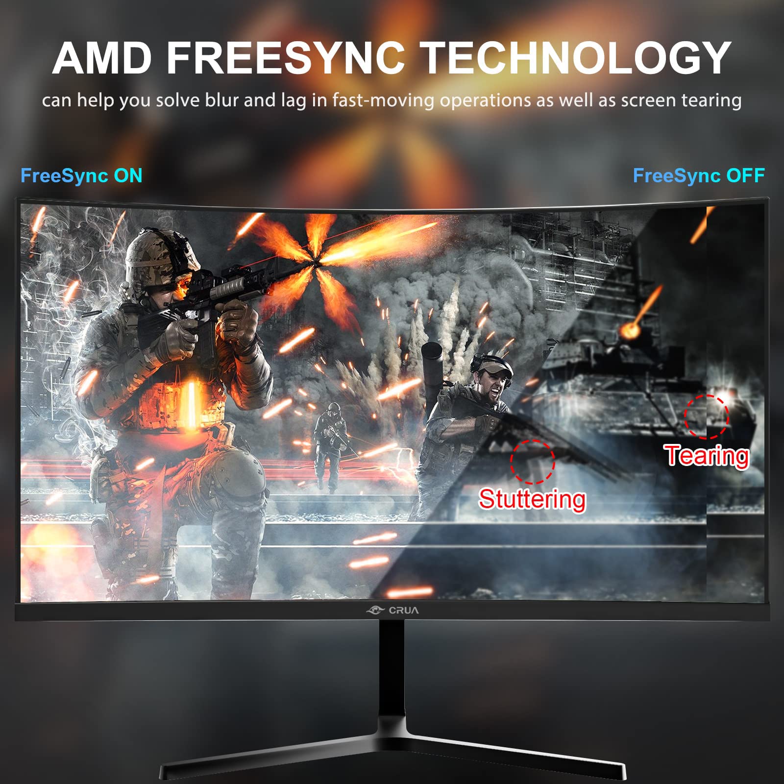 CRUA - Monitor curvo de 24 pulgadas para juegos, 144 Hz/165 Hz, FHD 1080P sin marco, compatible con AMD freesync Bajo desenfoque de movimiento, cuidado ocular, VESA, DisplayPort, HDMI, color negro