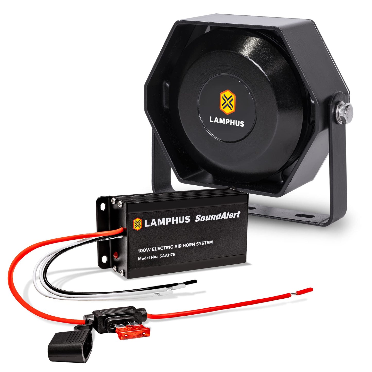 LAMPHUS SoundAlert - Kit de amplificador de bocina de aire de policía de 100 W [altavoz delgado de 118-124 dB] [Control manual o bybas] [Fusible de 10 A protegido] Bocina de aire electrónica para