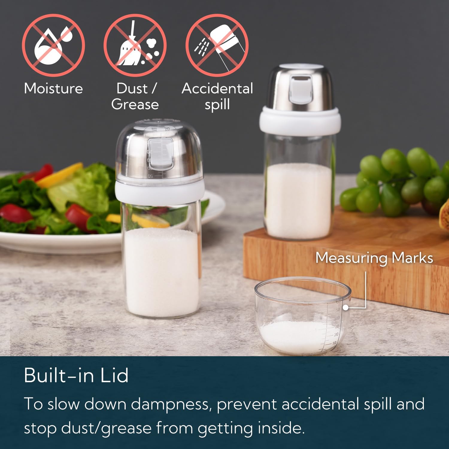 KTCHENDAO - Salero de vidrio 2 en 1 con boquilla lateral para verter la tapa, tapa integrada para ralentizar la humedad con marcas de mearsuring, elegante dispensador de sal de vidrio borosilicato