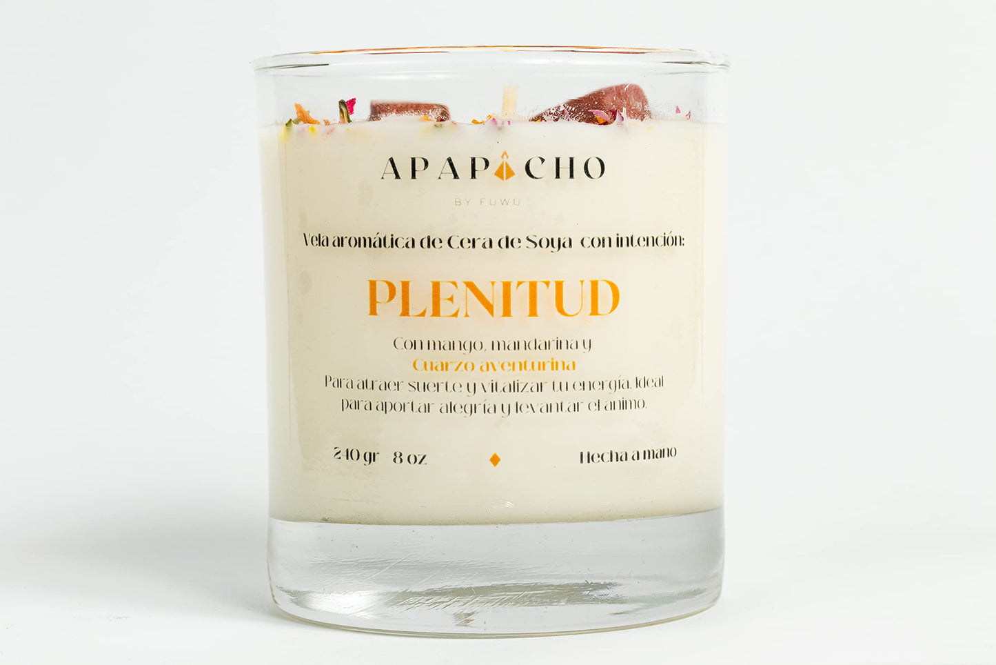 Fuwu, velas aromaticas relajantes de cera de soya con cuarzos naturales, velas decorativas hechas a mano con hierbas de olor, aromatizantes para hogar, velas aromaticas (Mandarina con Mango)