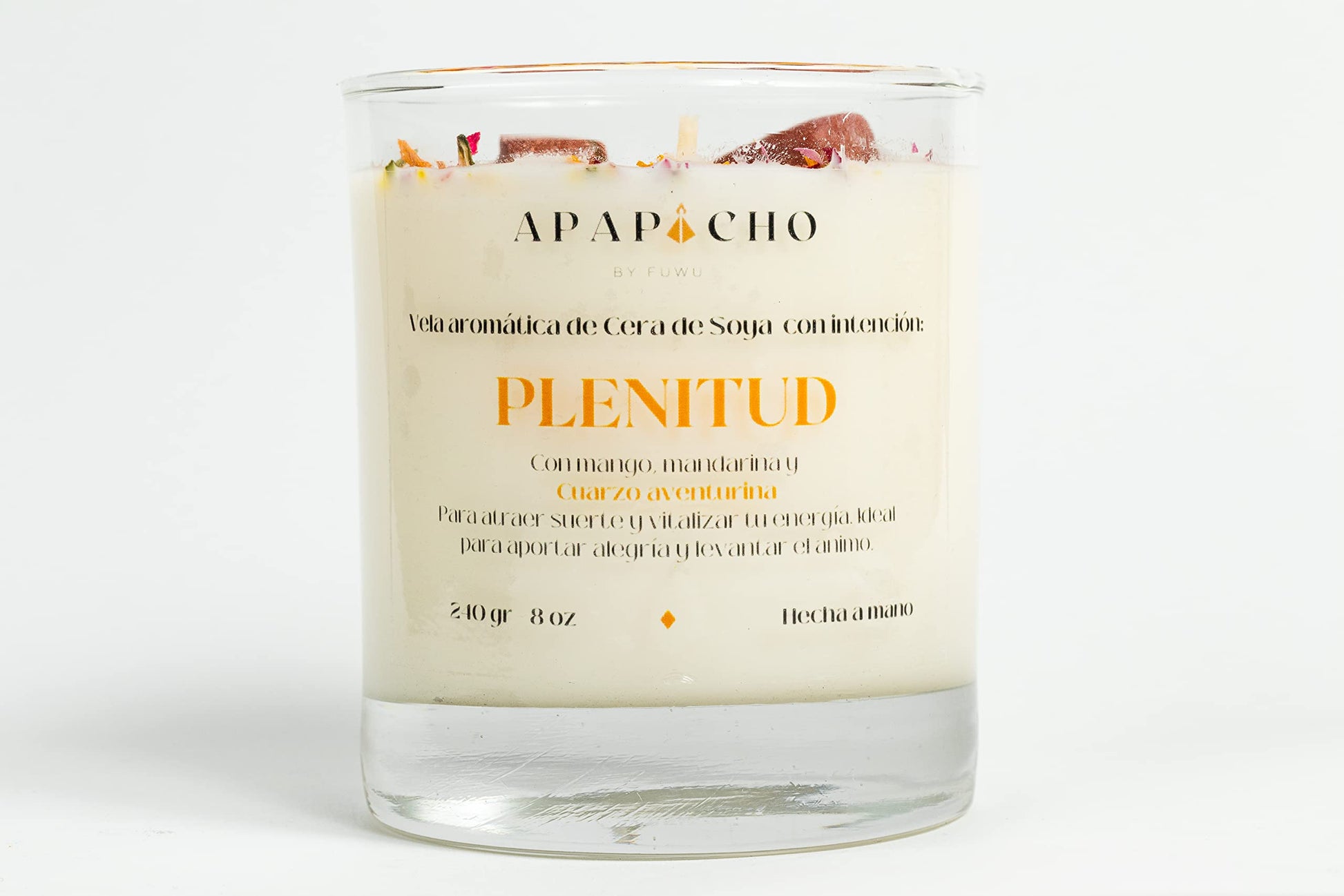 Fuwu, velas aromaticas relajantes de cera de soya con cuarzos naturales, velas decorativas hechas a mano con hierbas de olor, aromatizantes para hogar, velas aromaticas (Mandarina con Mango)