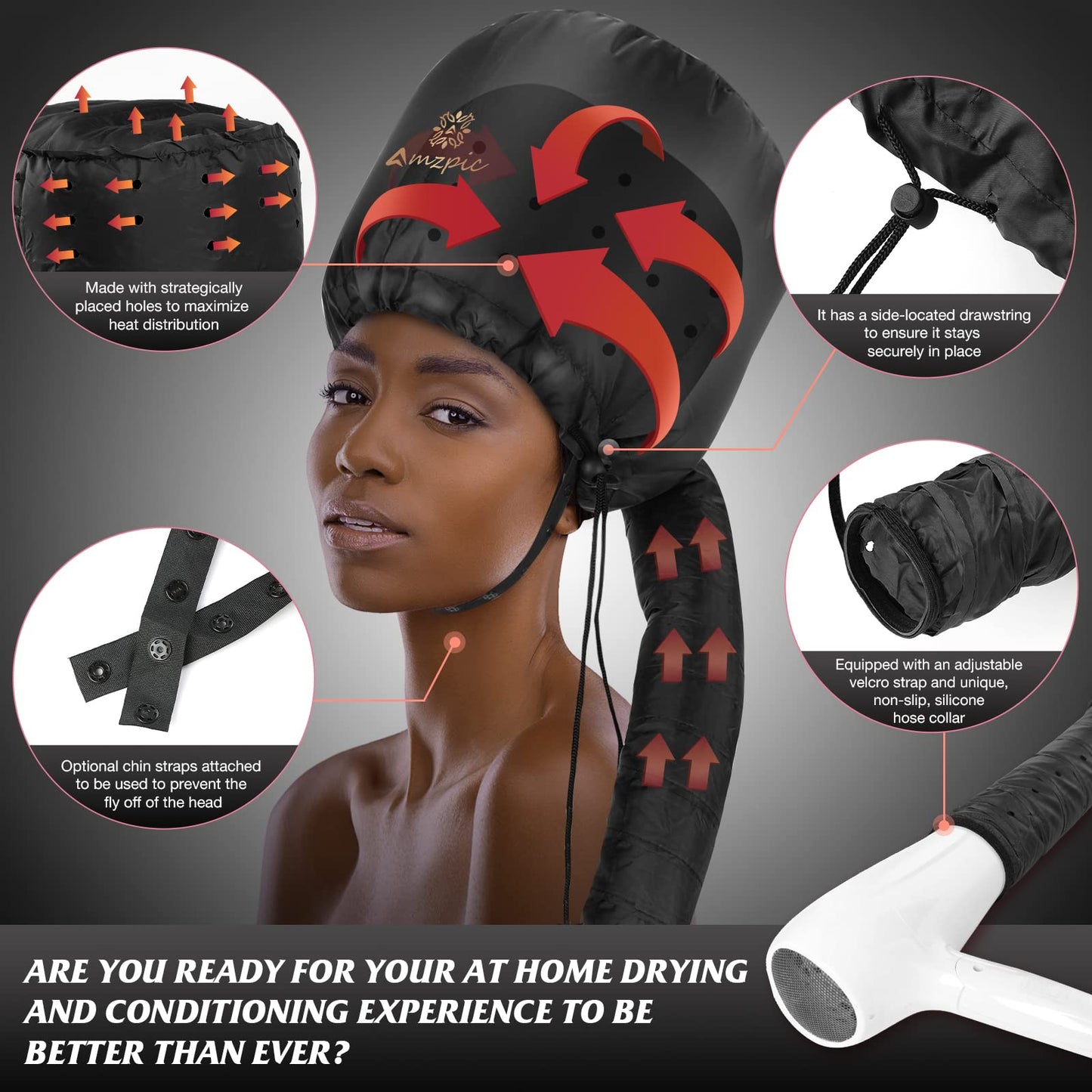 Capota de capó accesorio para secador de pelo, suave, ajustable y extragrande, secador de pelo para acelerar el tiempo de secado en casa, fácil de usar para peinar, rizar y acondicionar profundamente (negro)