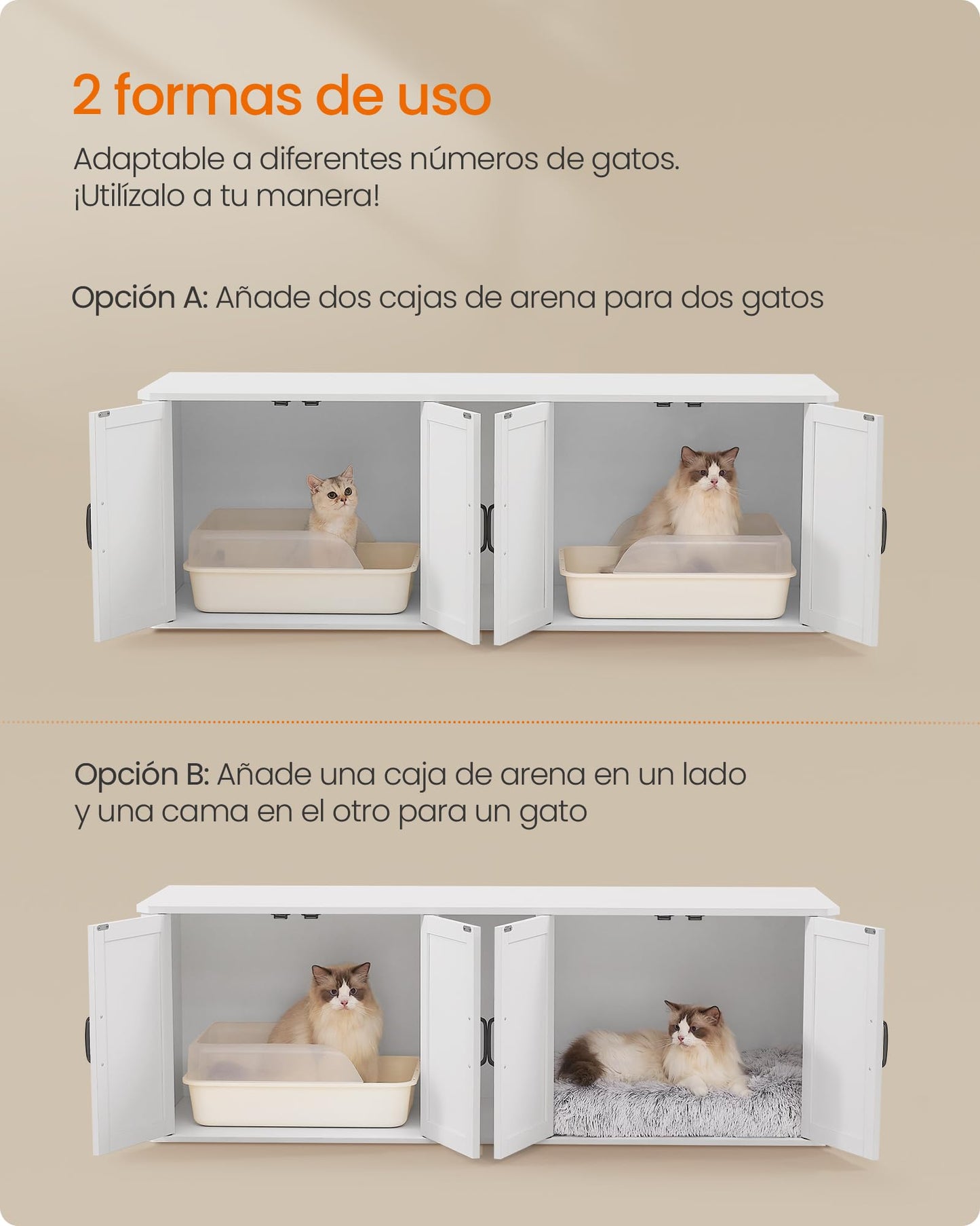 Feandrea Mueble Arenero para Gatos, Caja de Arena para 2 Gatos, Mesa Auxiliar, 145.6 x 48.5 x 50 cm, Blanco Nube MPCL010W01
