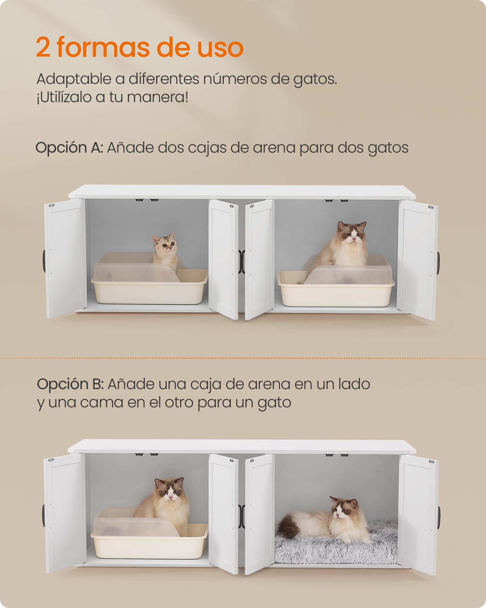 Feandrea Mueble Arenero para Gatos, Caja de Arena para 2 Gatos, Mesa Auxiliar, 145.6 x 48.5 x 50 cm, Blanco Nube MPCL010W01
