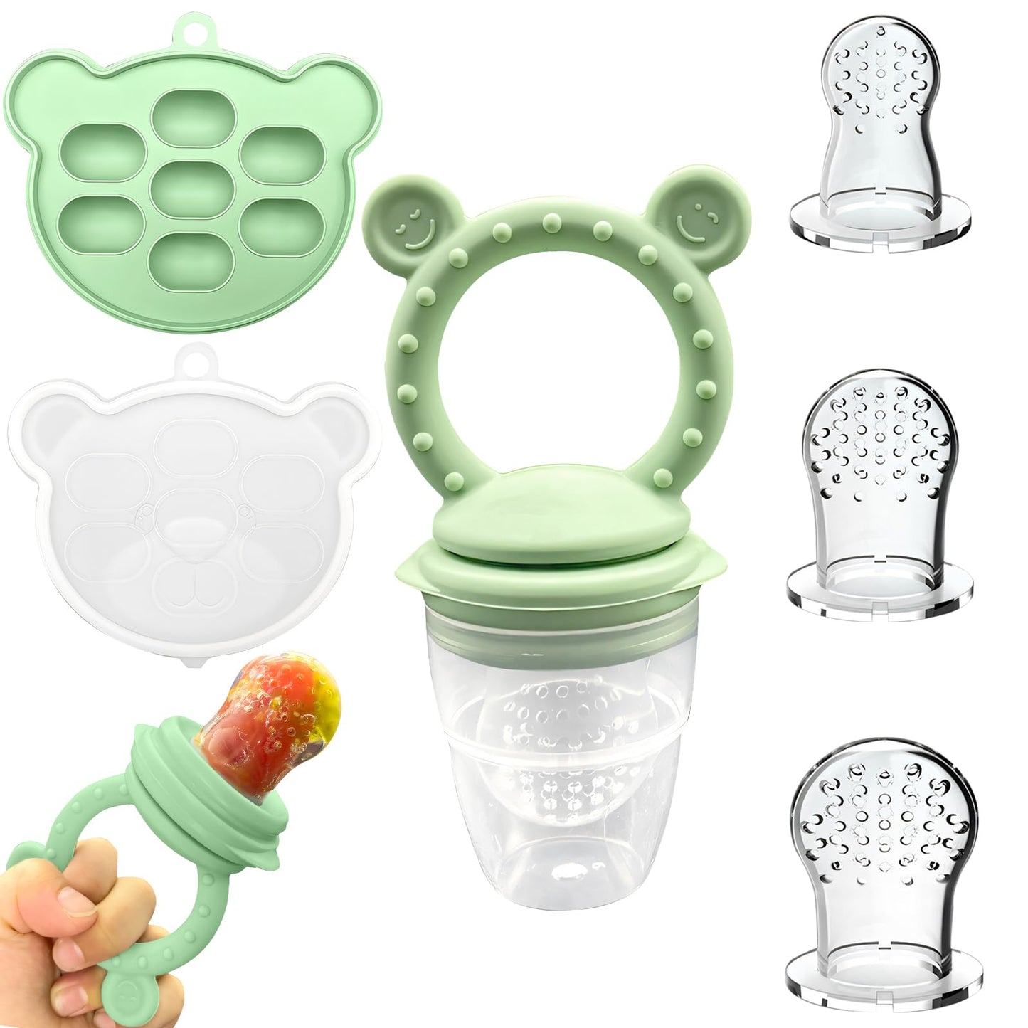 EHRHDKNS Bandeja Congeladora de Alimentos para Bebés Sin BPA, Adecuado para la Introducción Segura de Alimentos, Fruta y Papillas a Partir de los 4 Meses, Fortalece los Dientes del Bebé y le Ayuda a Comer Sano (Verde, Sonriente)