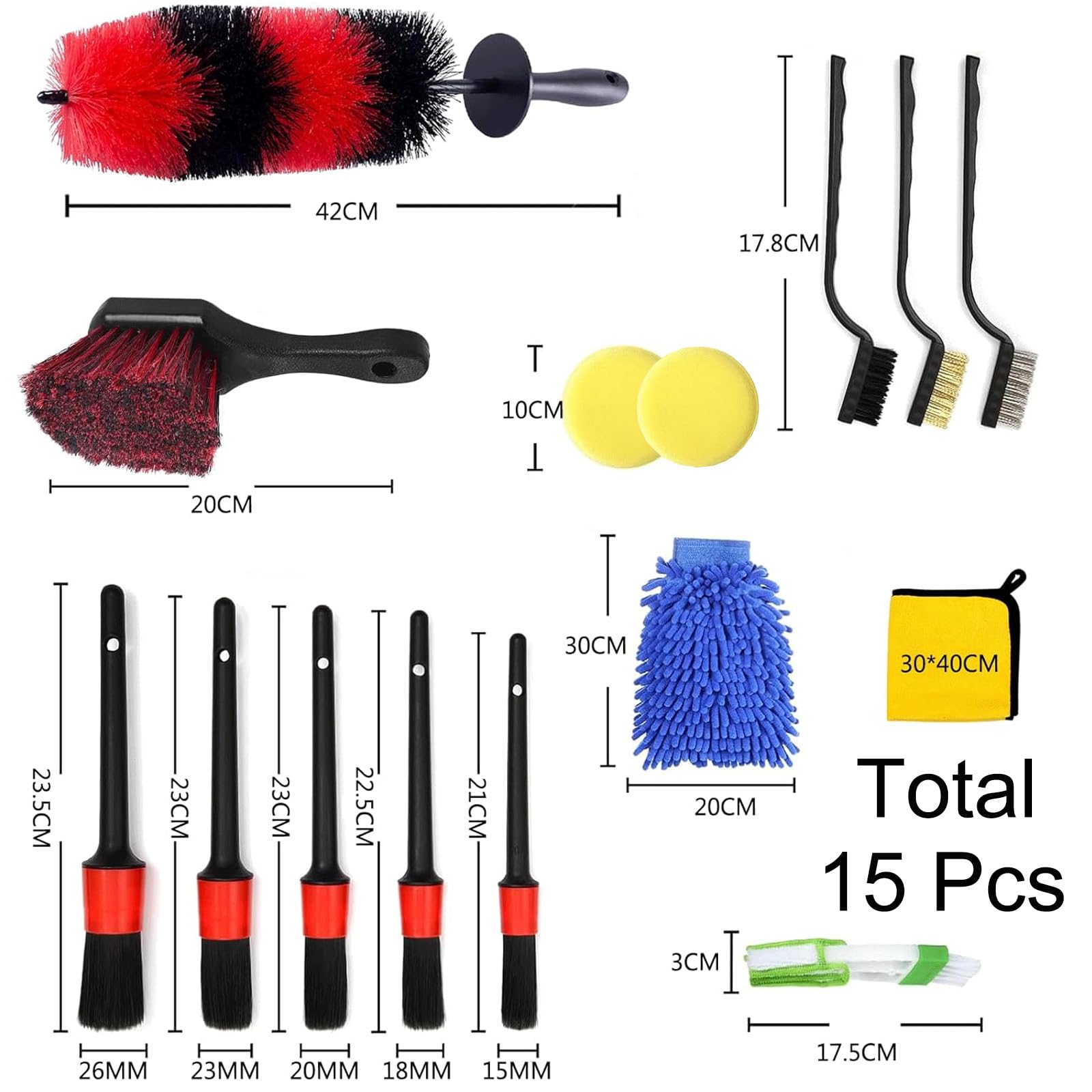 Kit Limpieza para Auto 15 Piezas con Cepillo y Guante Microfibra para Interior y Exterior