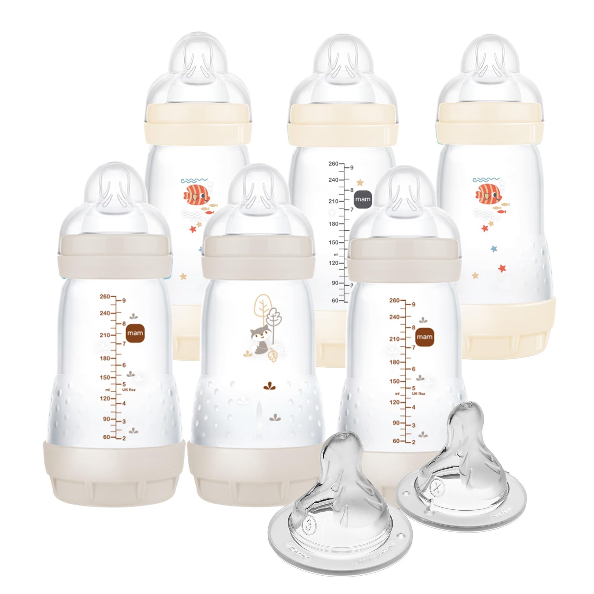 MAM - Biberones anticólicos de fácil inicio de 9 onzas, flujo medio con 2 pezones adicionales (flujo rápido y extra rápido), reduce los cólicos, gas y reflujo, fáciles de limpiar, sin BPA, 2 meses más