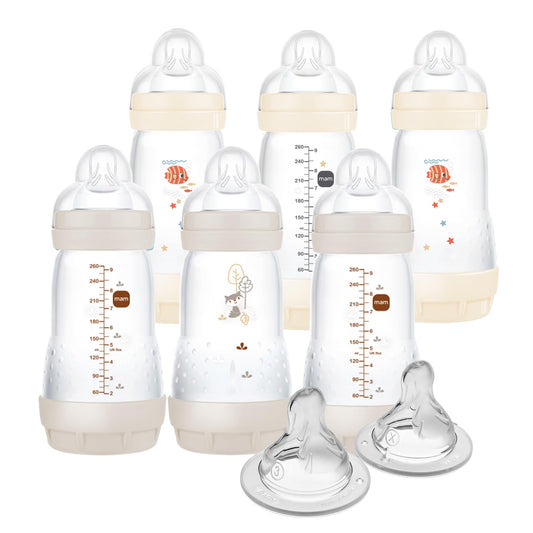 MAM - Biberones anticólicos de fácil inicio de 9 onzas, flujo medio con 2 pezones adicionales (flujo rápido y extra rápido), reduce los cólicos, gas y reflujo, fáciles de limpiar, sin BPA, 2 meses más