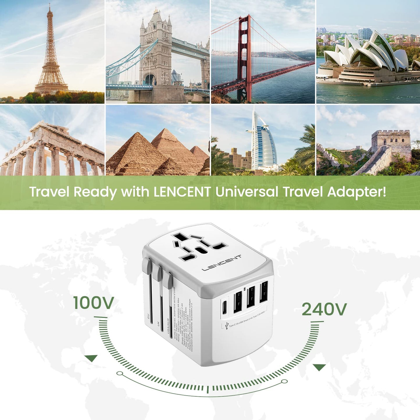 LENCENT Adaptador Universal de Viaje, 17.5W Adaptador de Corriente Europeo con 4 Puertos USB (1 UBS C), Travel Essentials para el Reino Unido, Europa, Americano, Argentina, Australia, Blanco